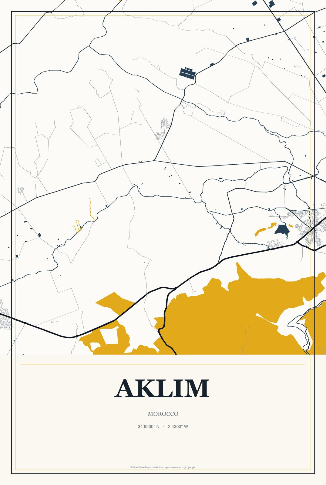 Aklim, Morocco City Map Aluminum Sign in Citrine Modern style