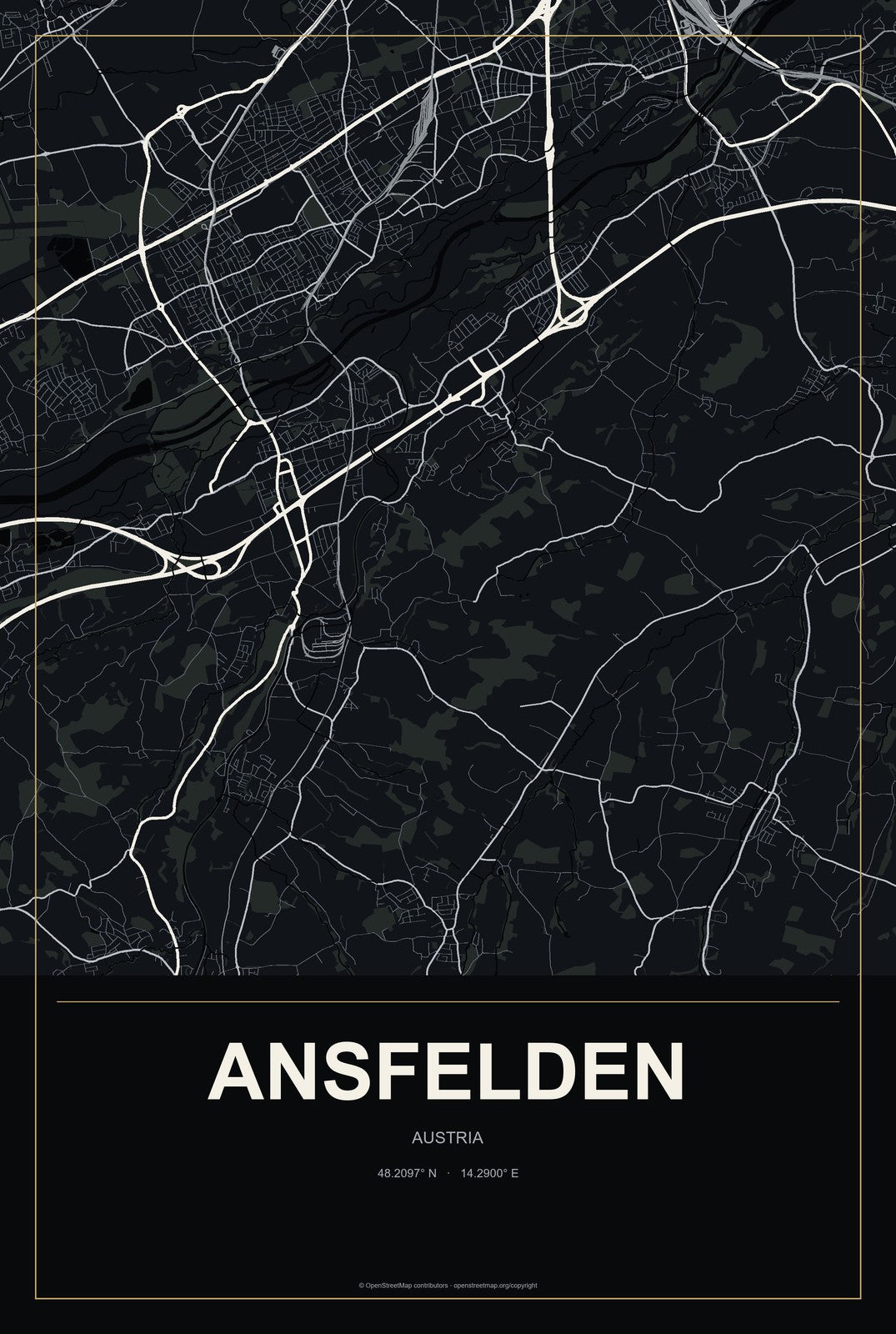 Ansfelden, Austria City Map Aluminum Sign in Metropolitan Noir style