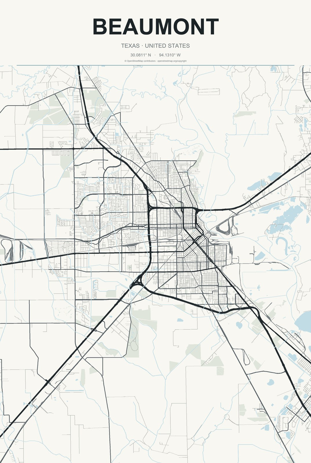 Beaumont, Texas City Map Aluminum Sign in Headline Atlas style