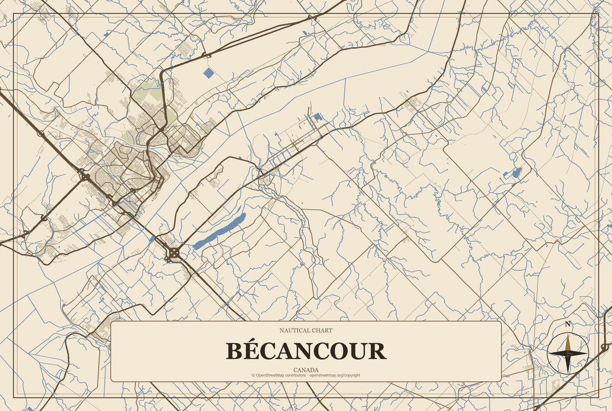 Bécancour, Canada City Map Aluminum Sign in Heritage Nautical style