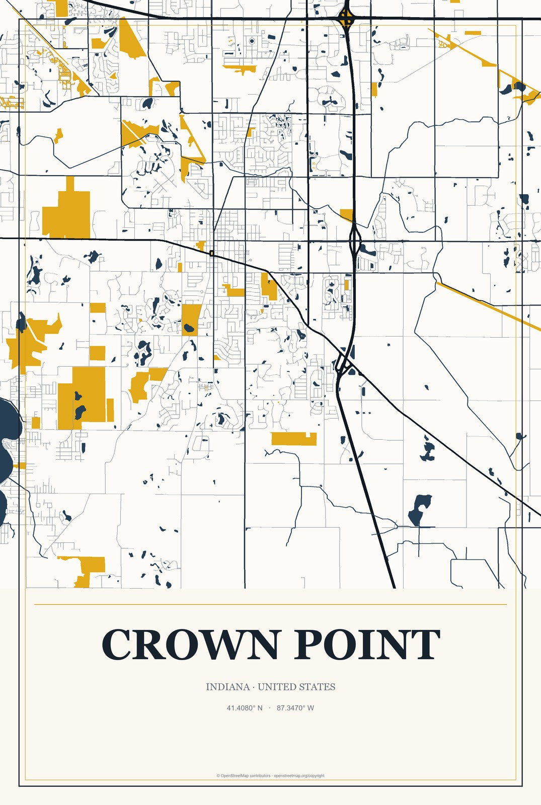 Crown Point, Indiana City Map Aluminum Sign in Citrine Modern style