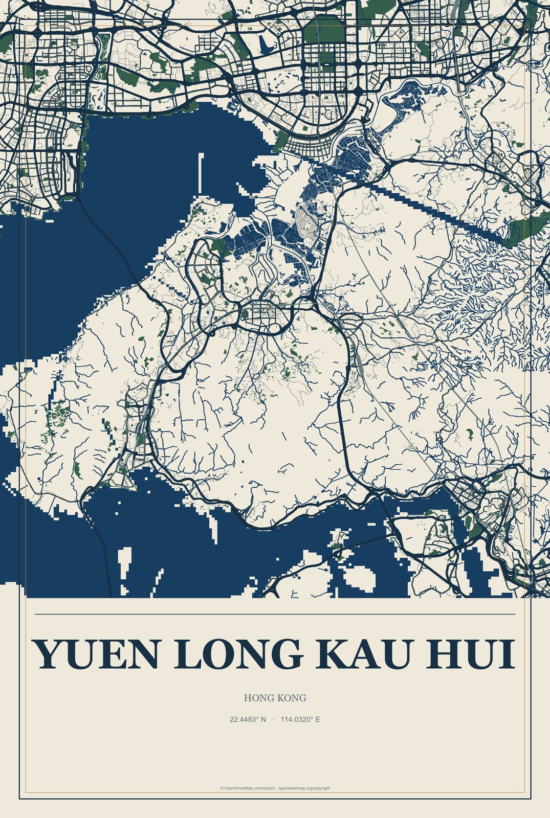 Yuen Long Kau Hui, Hong Kong City Map Aluminum Sign in Coastal Cutout style