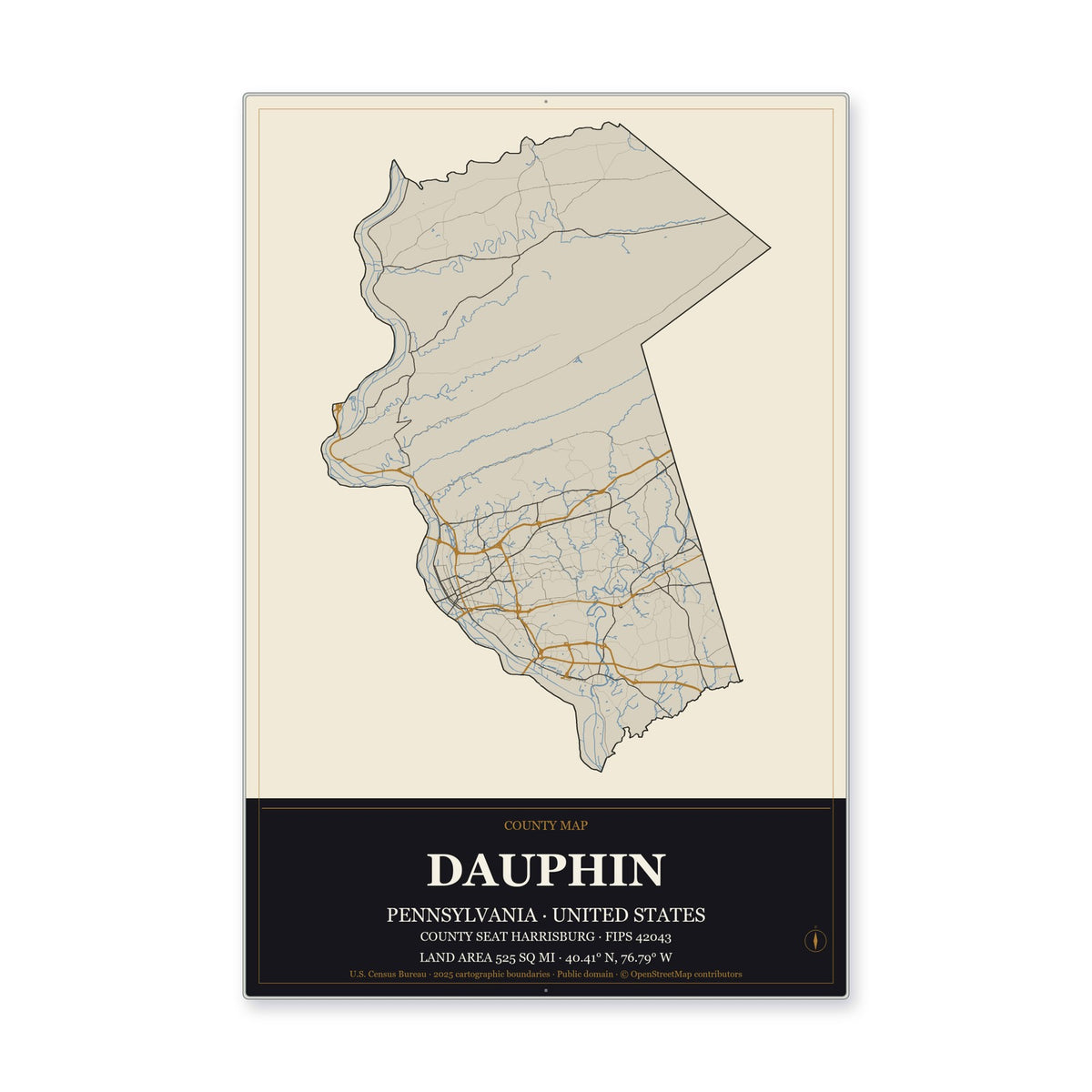 Dauphin County, Pennsylvania Map Aluminum Sign in Museum Plaque style