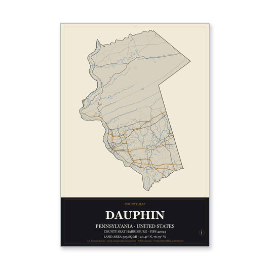 Dauphin County, Pennsylvania Map Aluminum Sign in Museum Plaque style