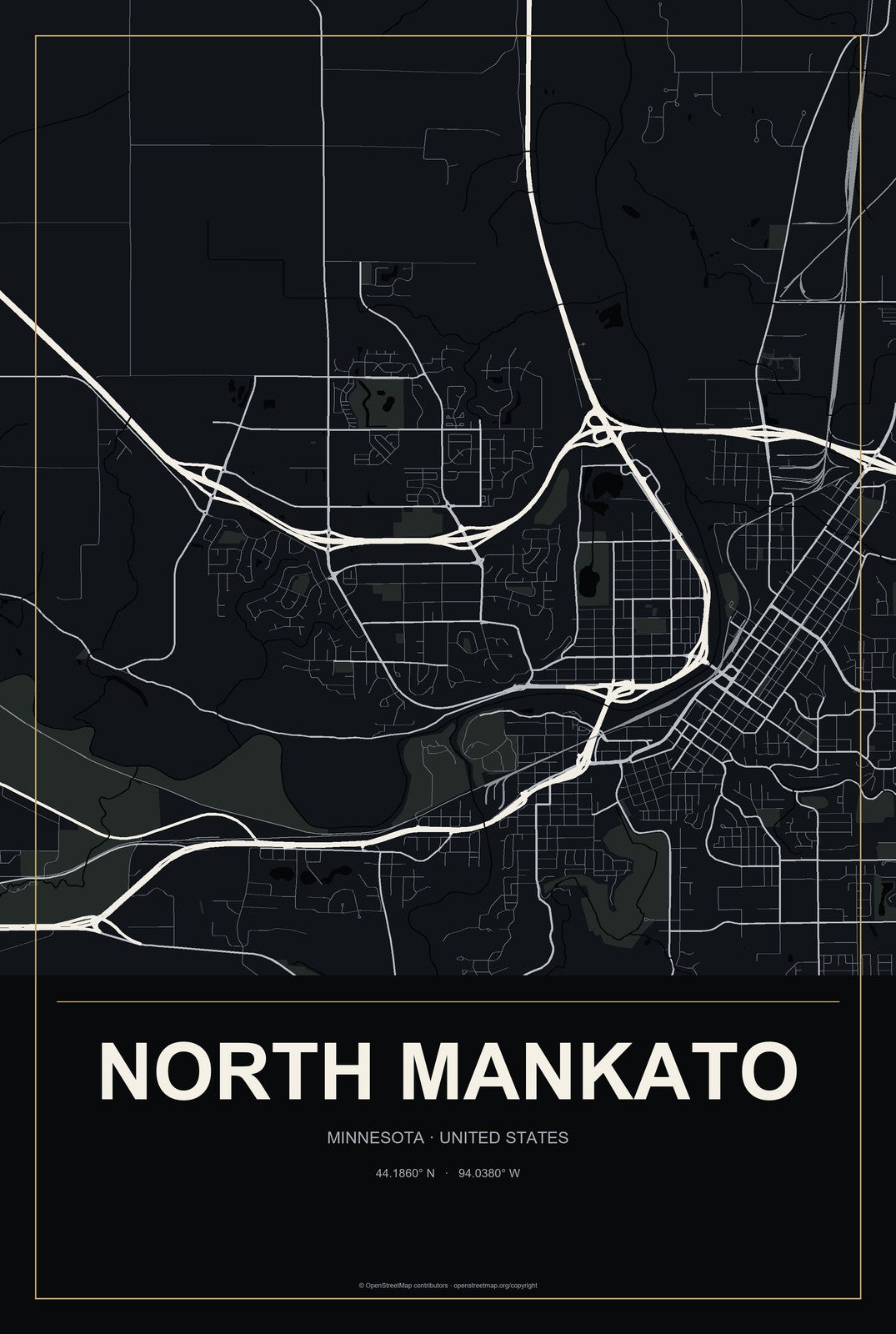 North Mankato, Minnesota City Map Aluminum Sign in Metropolitan Noir style