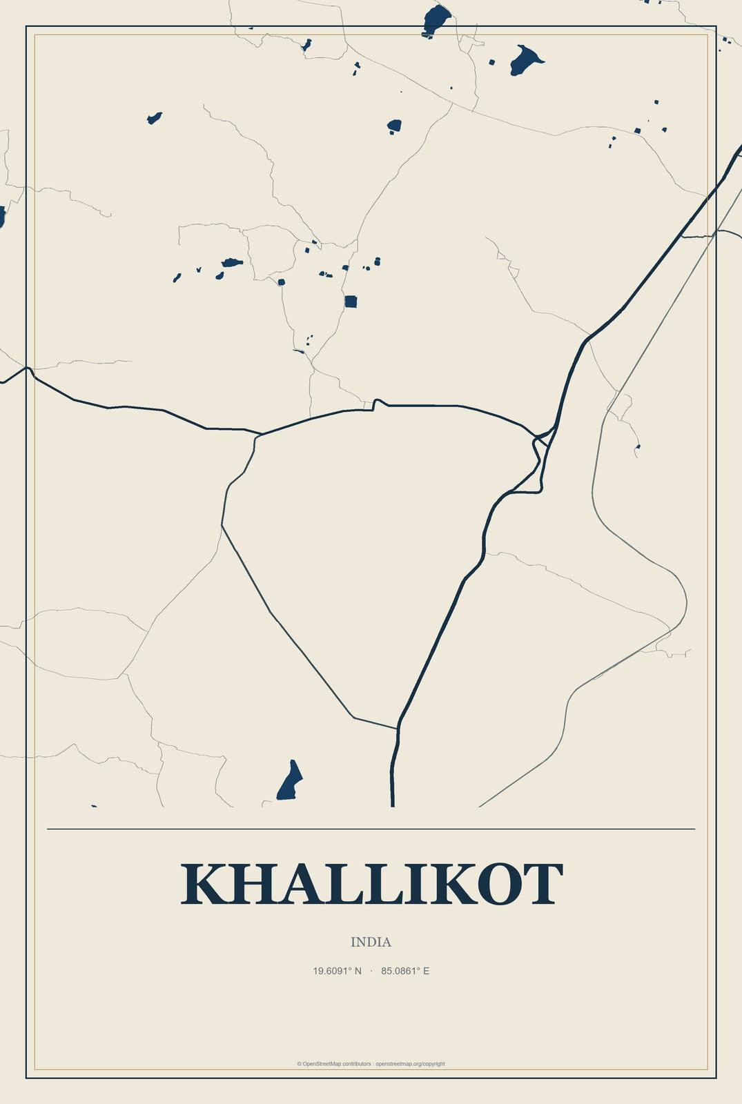 Khallikot, India City Map Aluminum Sign in Coastal Cutout style