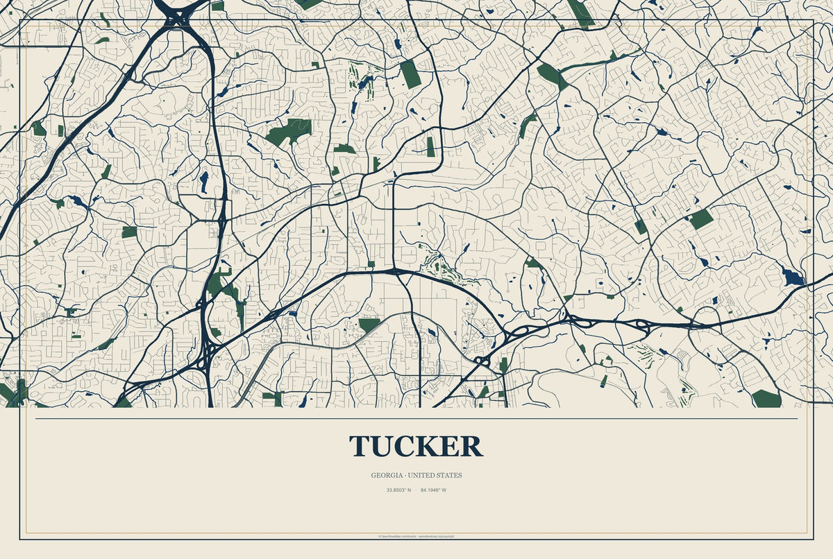Tucker, Georgia City Map Aluminum Sign in Coastal Cutout style
