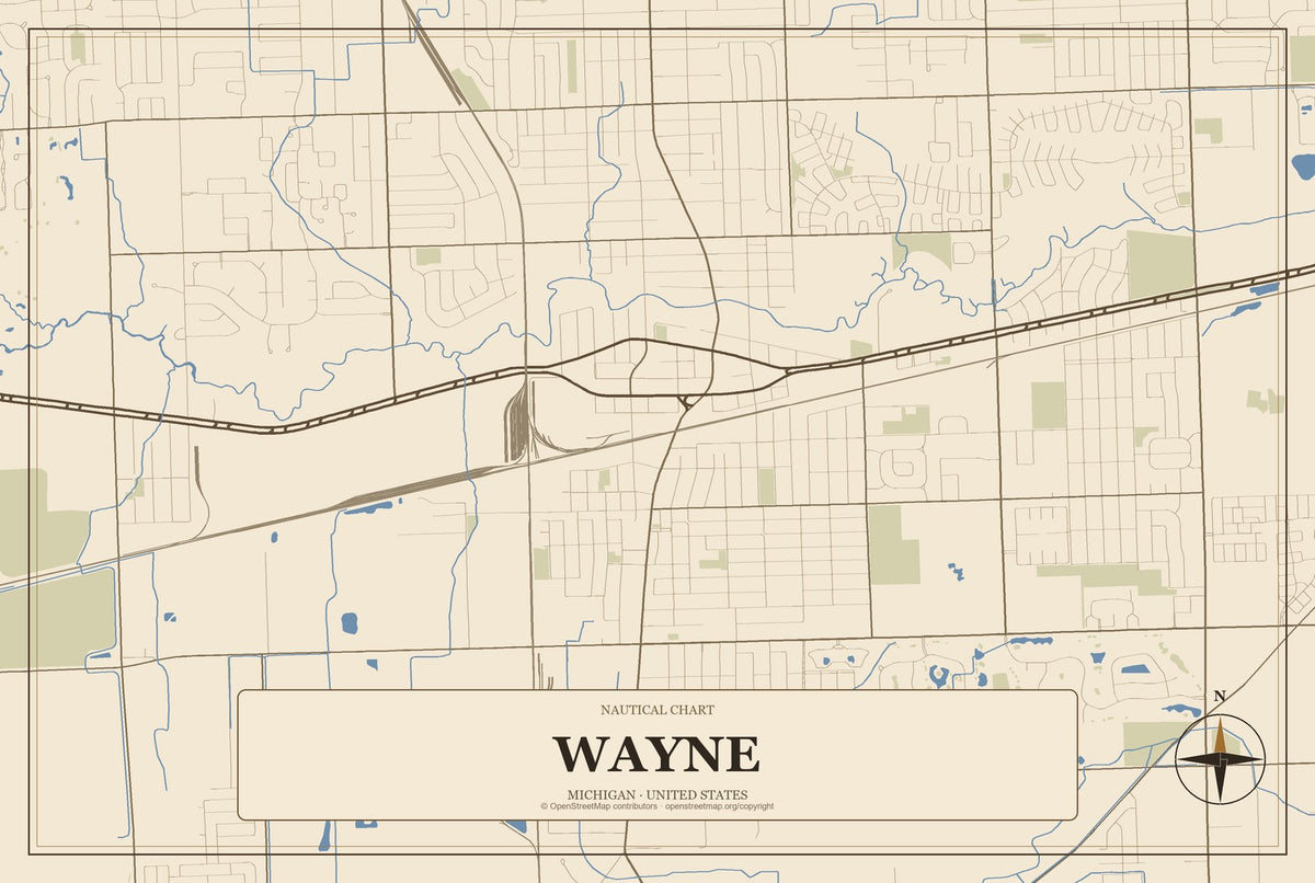 Wayne, Michigan City Map Aluminum Sign in Heritage Nautical style