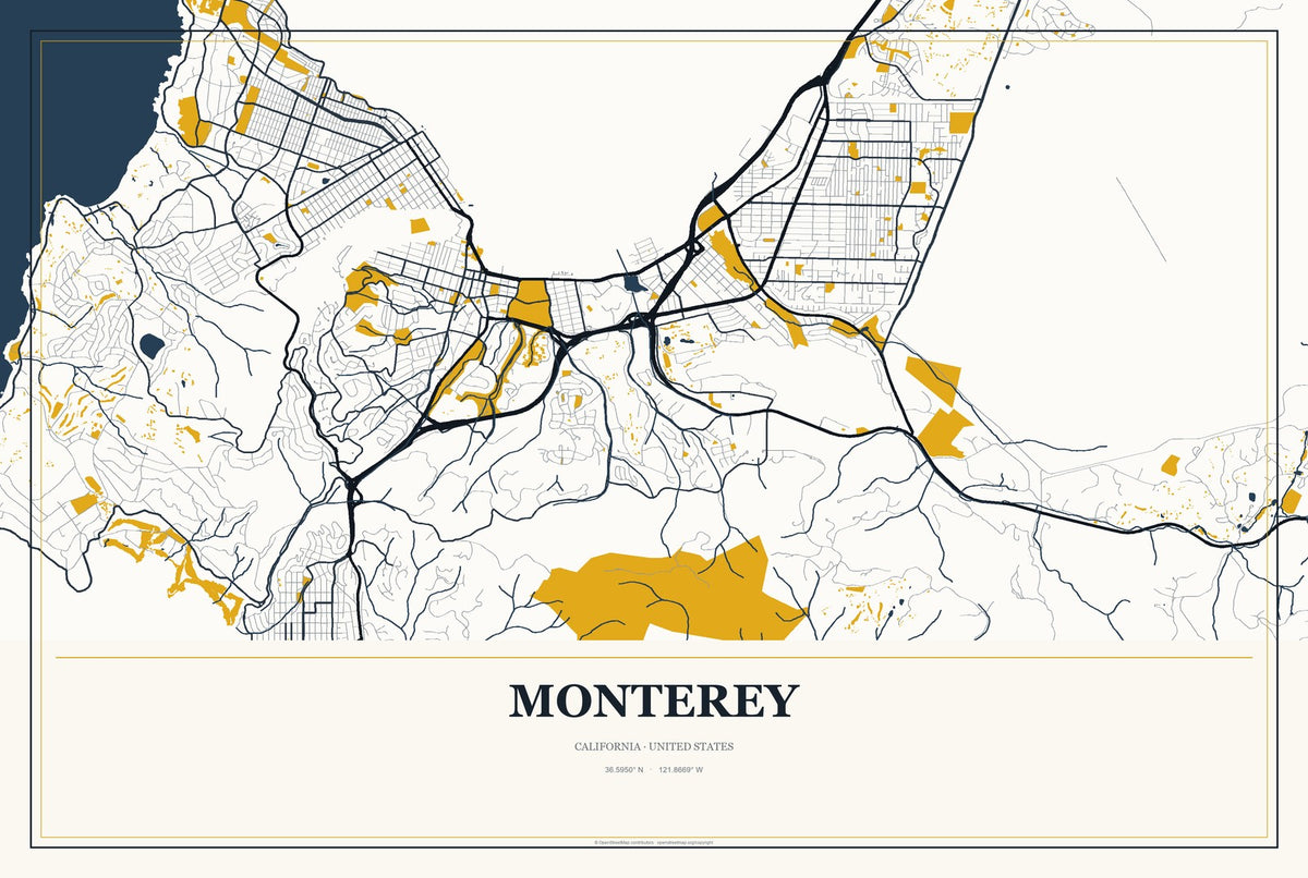 Monterey, California City Map Aluminum Sign in Citrine Modern style