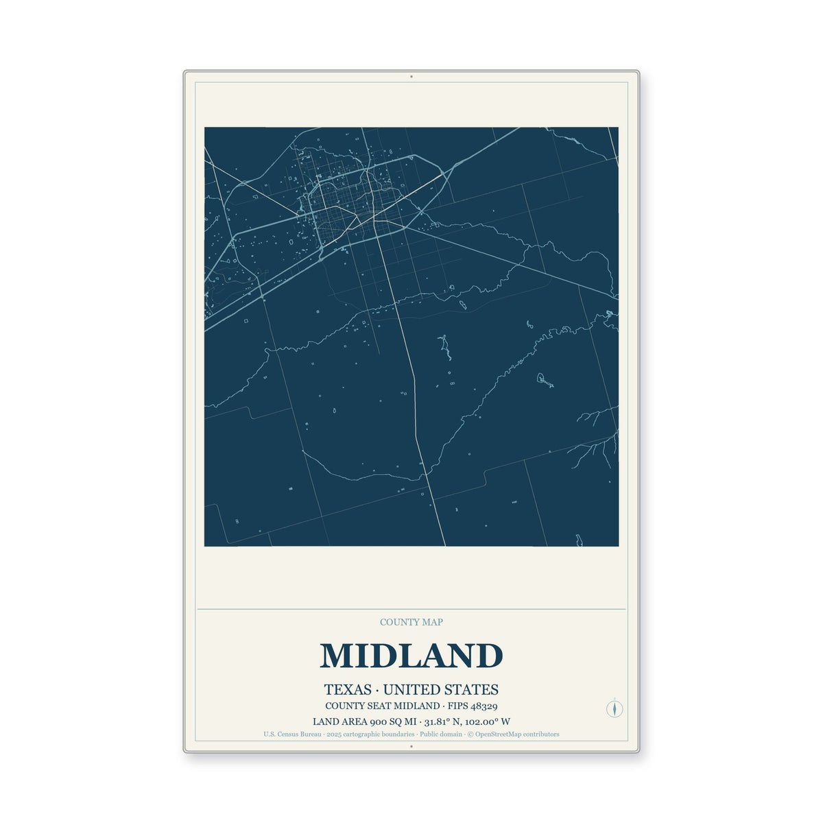 Midland County, Texas Map Aluminum Sign in Coastal Cutout style
