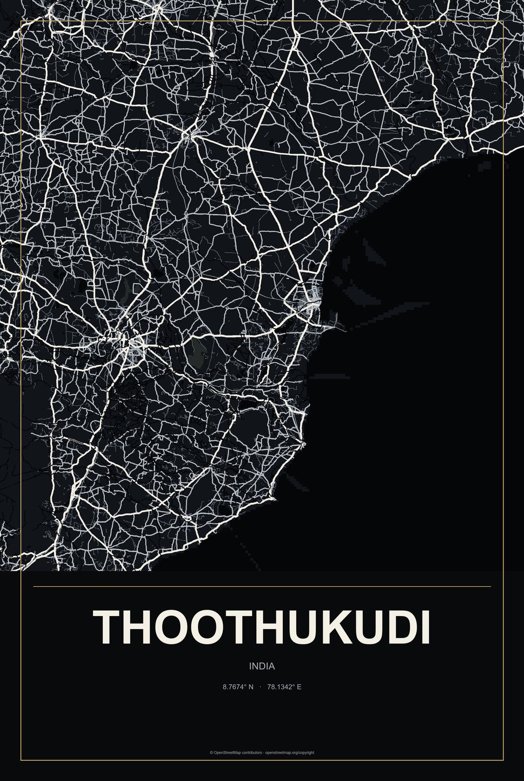 Thoothukudi, India City Map Aluminum Sign in Metropolitan Noir style