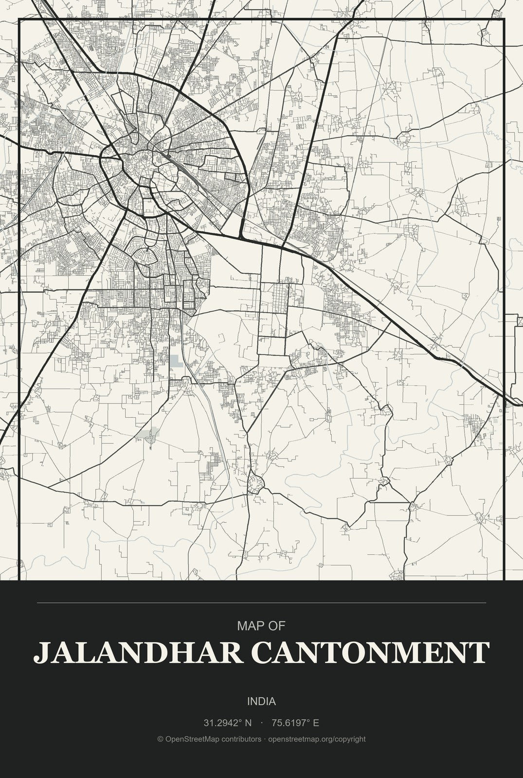 Jalandhar Cantonment, India City Map Aluminum Sign in Museum Plaque style