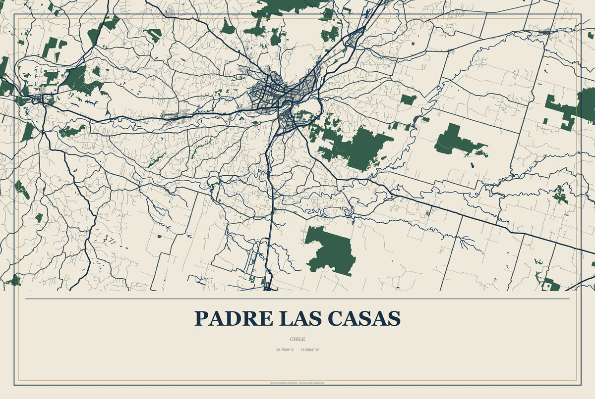Padre Las Casas, Chile City Map Aluminum Sign in Coastal Cutout style