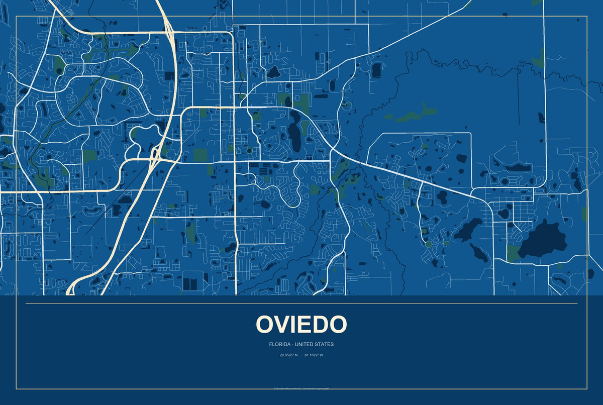 Oviedo, Florida City Map Aluminum Sign in Harbor Cobalt style