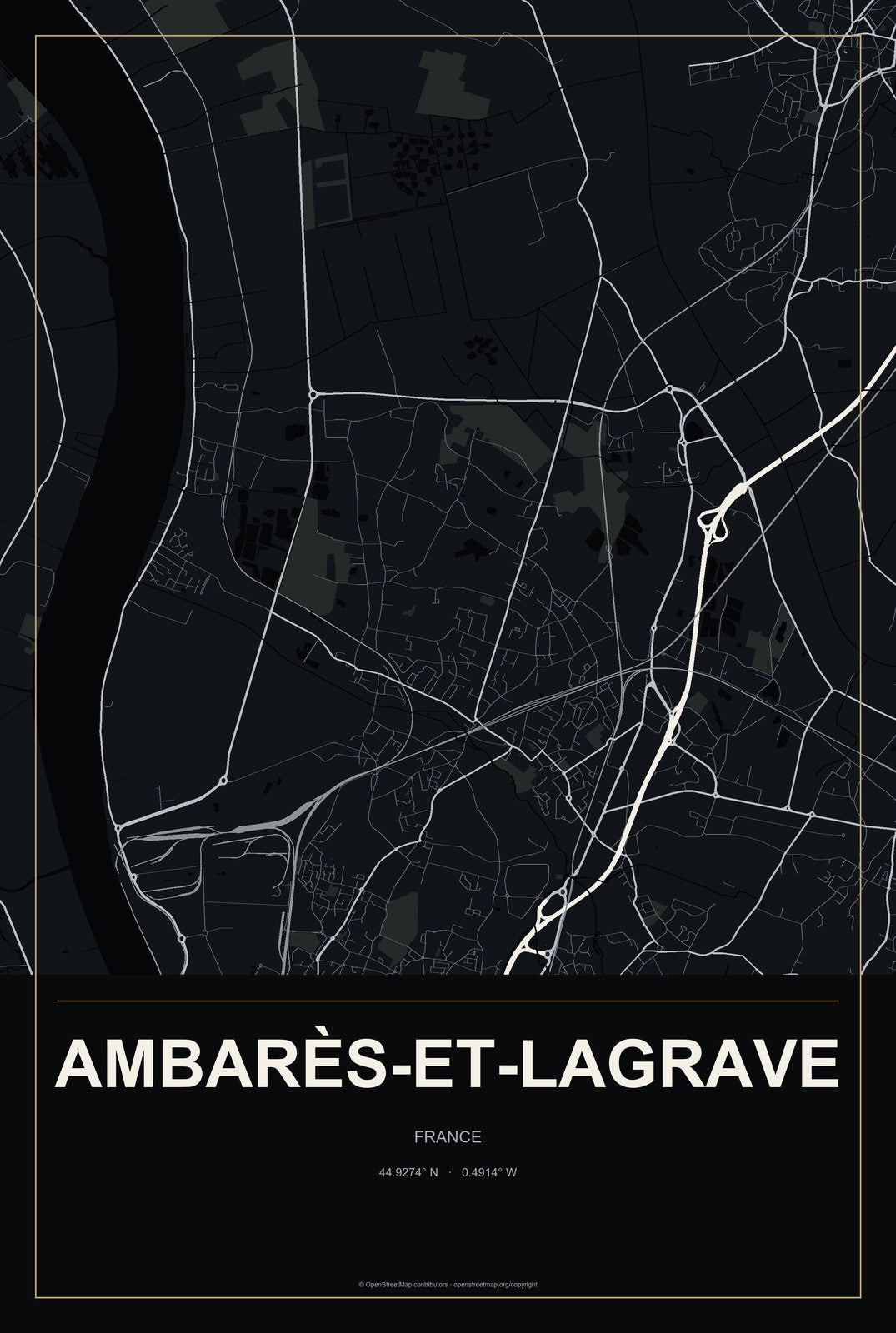 Ambarès-et-Lagrave, France City Map Aluminum Sign in Metropolitan Noir style