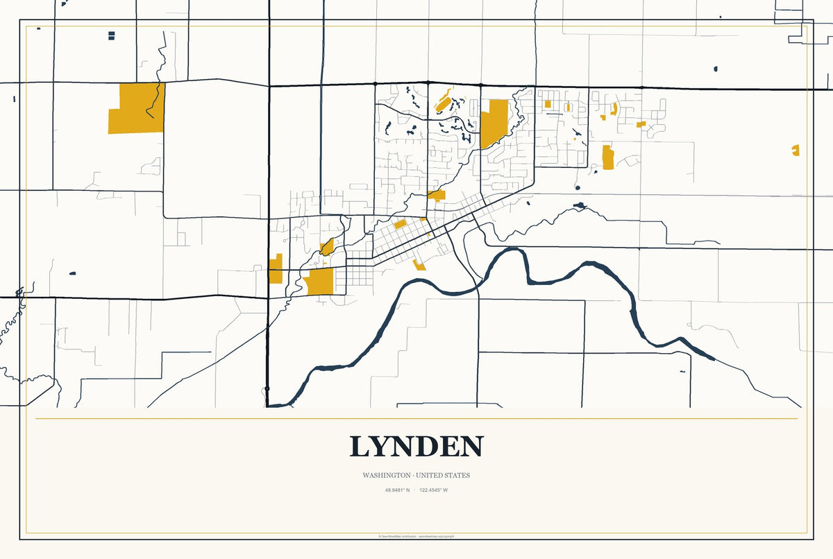 Lynden, Washington City Map Aluminum Sign in Citrine Modern style