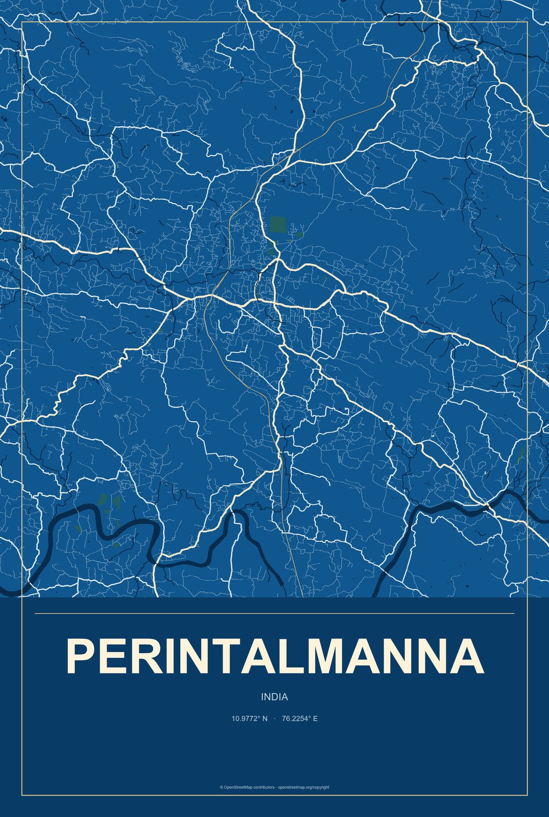 Perintalmanna, India City Map Aluminum Sign in Harbor Cobalt style