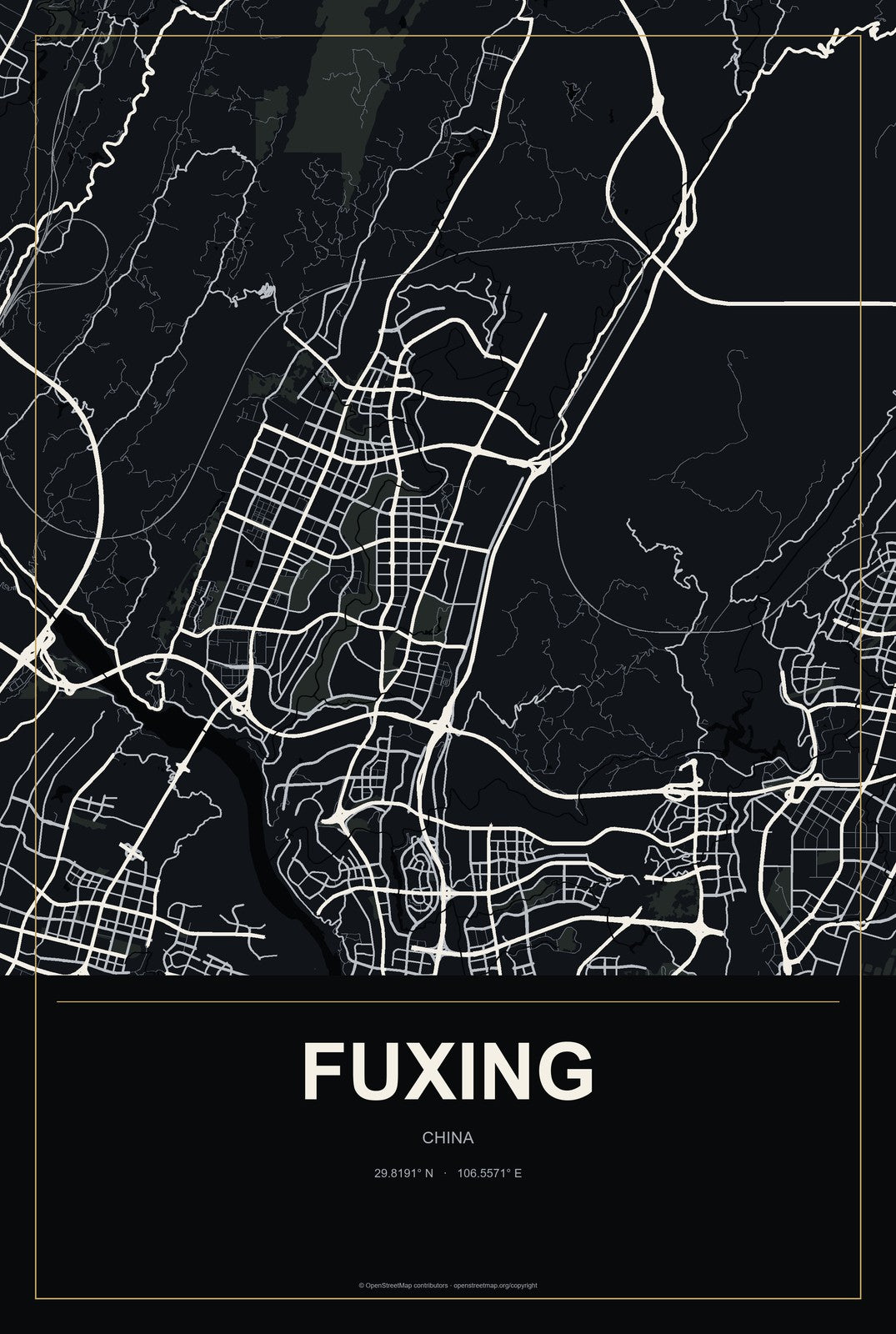 Fuxing, China City Map Aluminum Sign in Metropolitan Noir style
