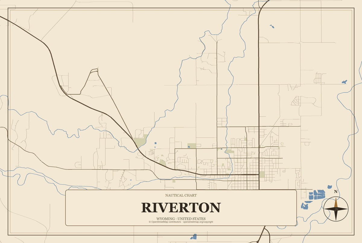 Riverton, Wyoming City Map Aluminum Sign in Heritage Nautical style