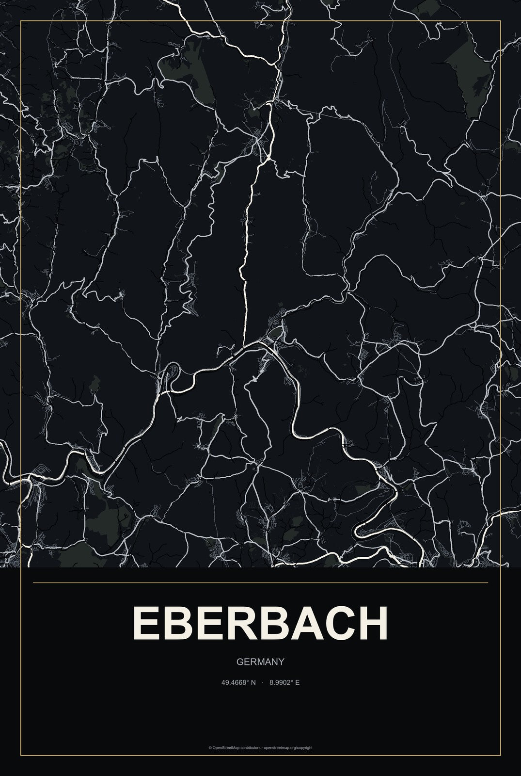 Eberbach, Germany City Map Aluminum Sign in Metropolitan Noir style