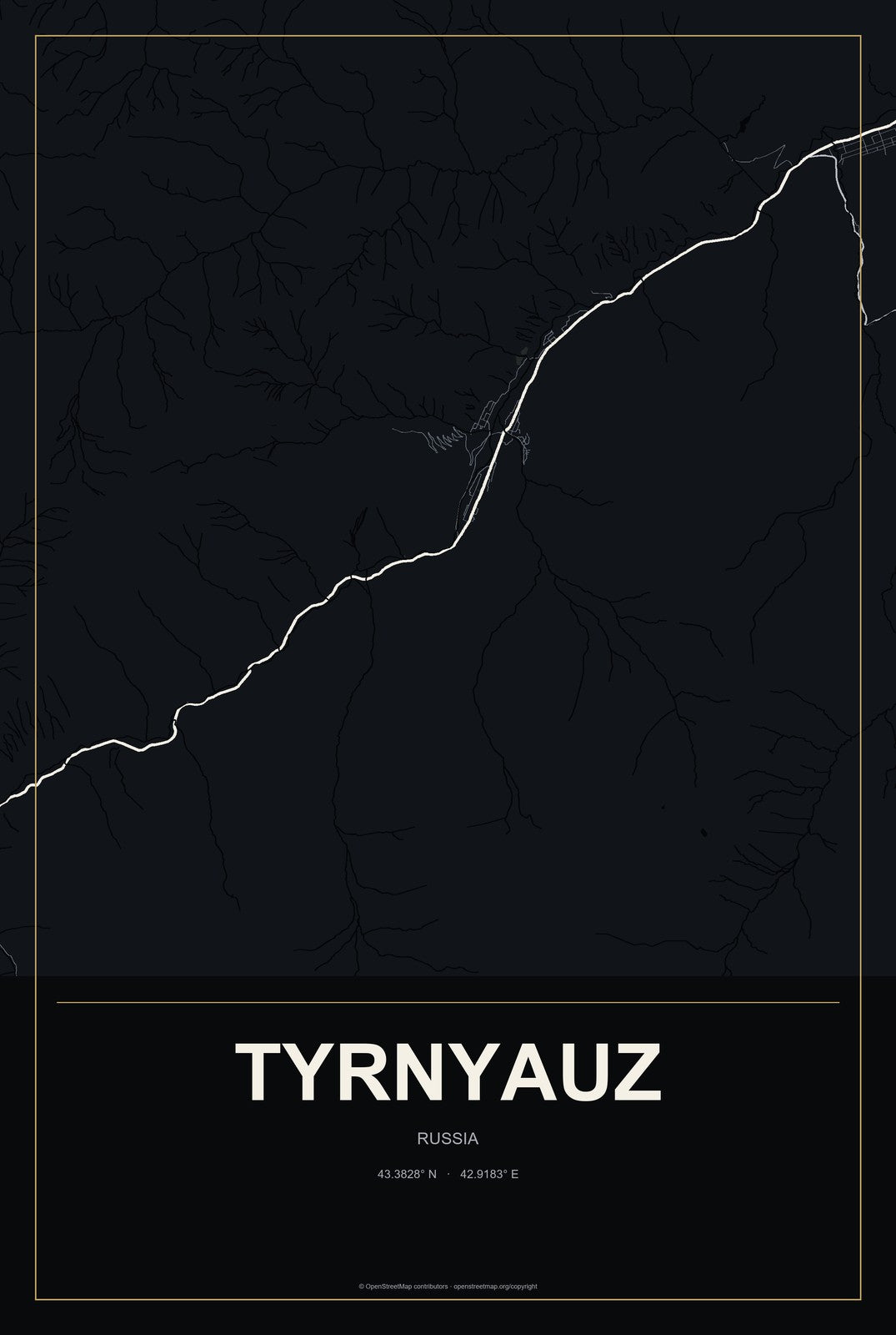 Tyrnyauz, Russia City Map Aluminum Sign in Metropolitan Noir style