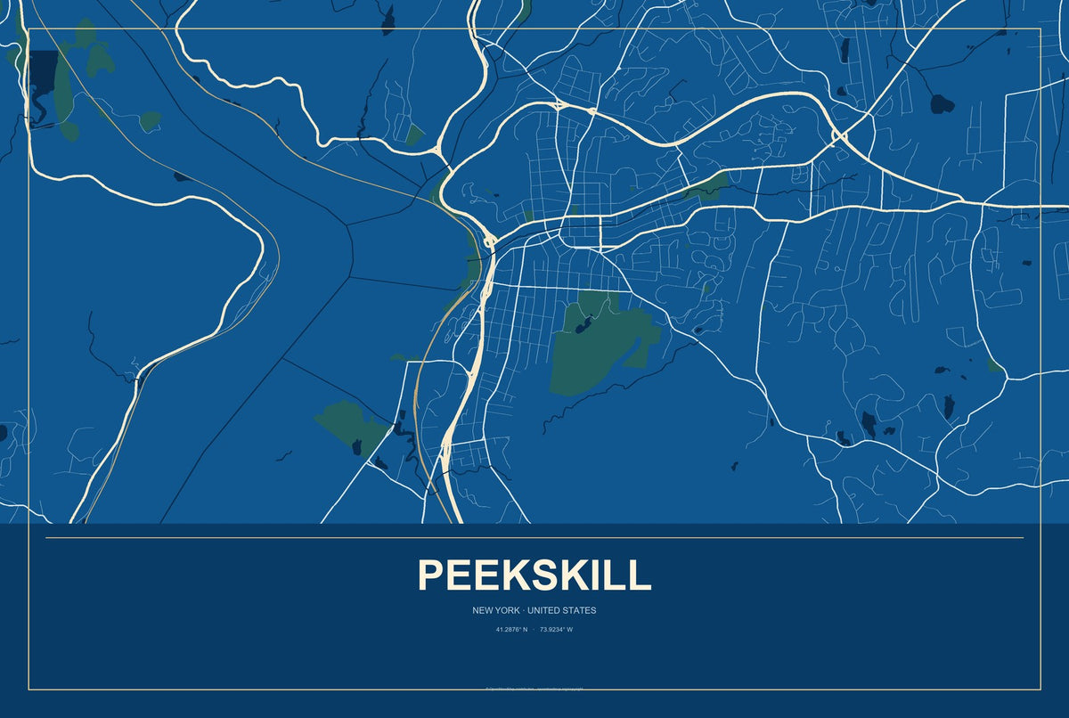 Peekskill, New York City Map Aluminum Sign in Harbor Cobalt style