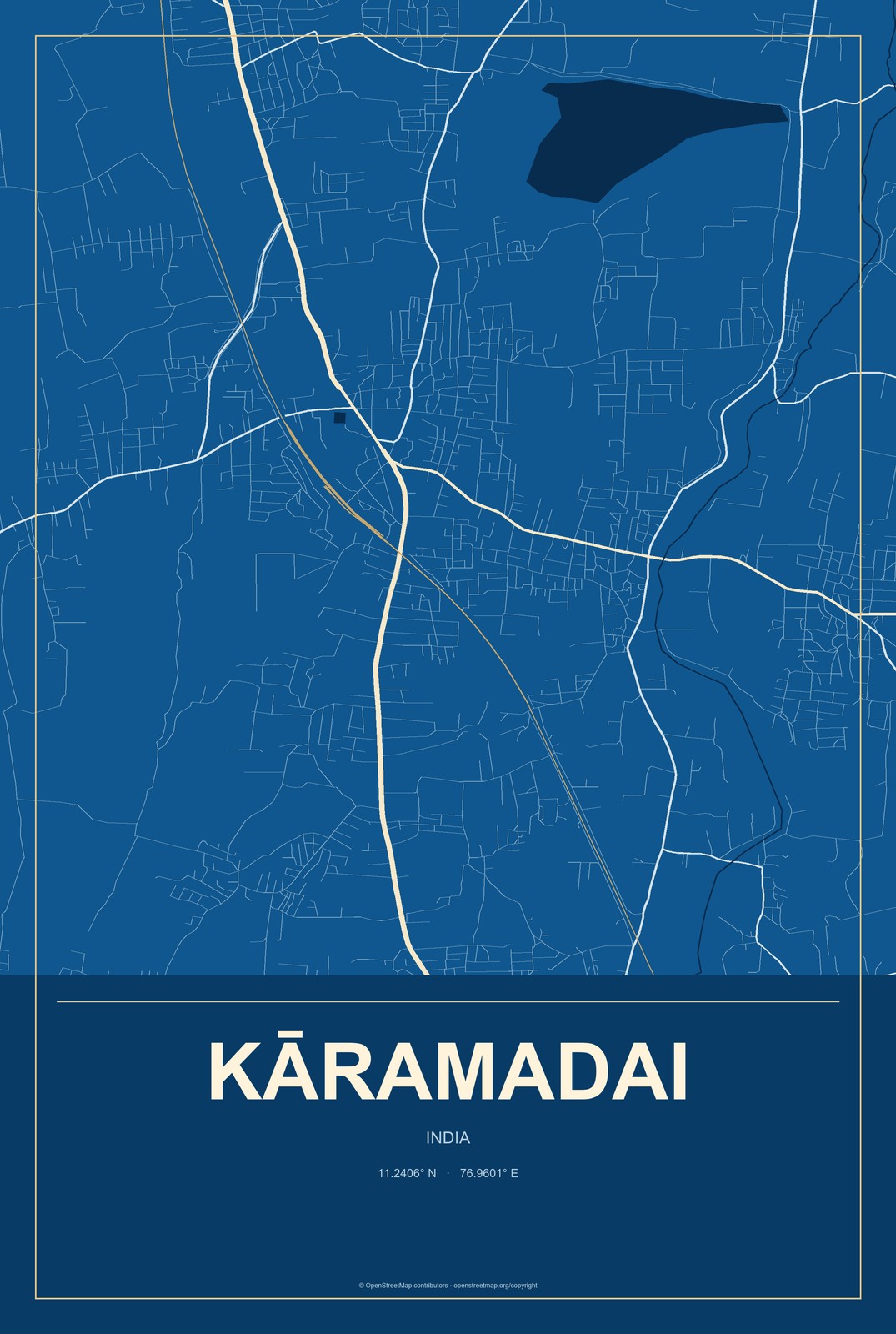 Kāramadai, India City Map Aluminum Sign in Harbor Cobalt style