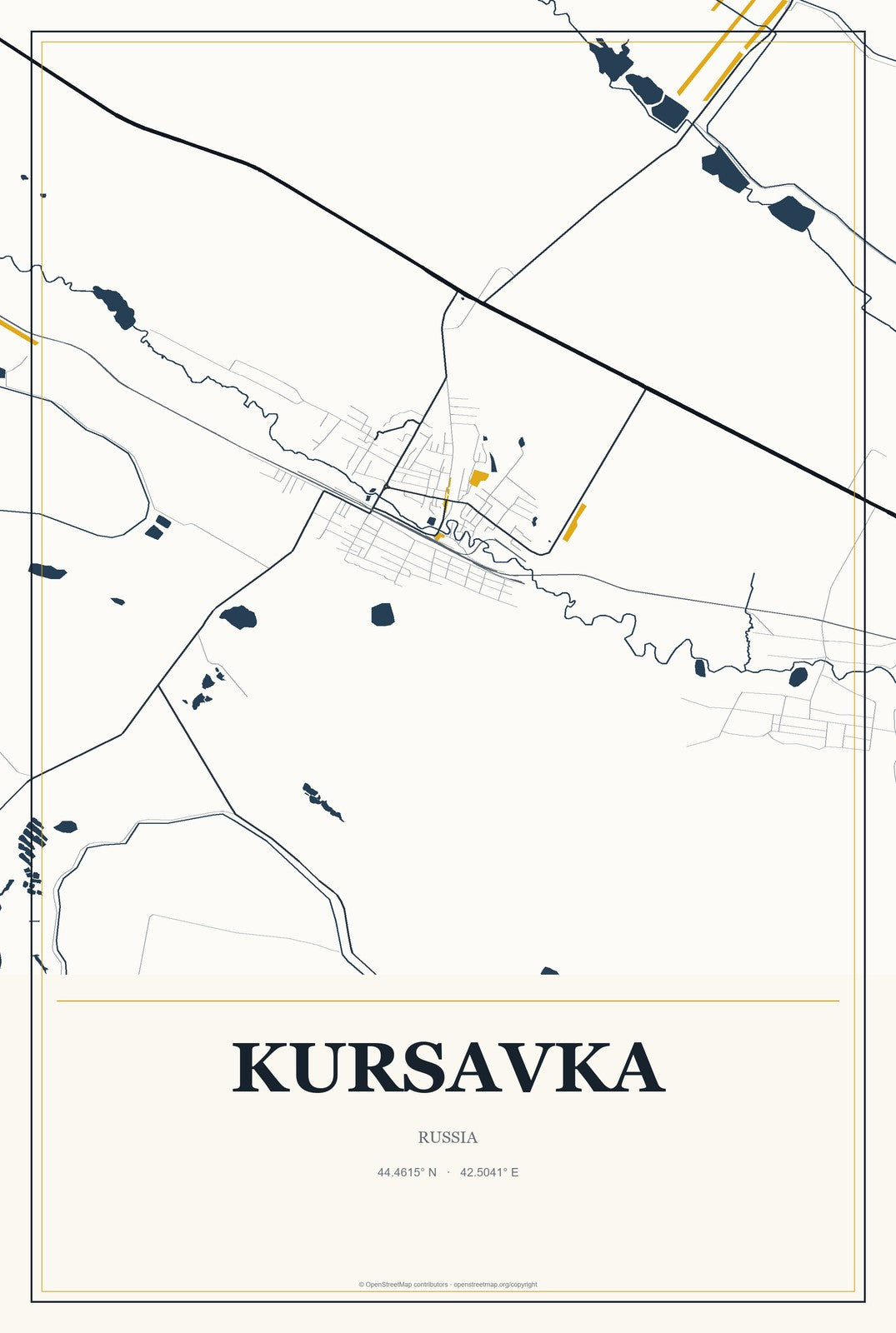 Kursavka, Russia City Map Aluminum Sign in Citrine Modern style