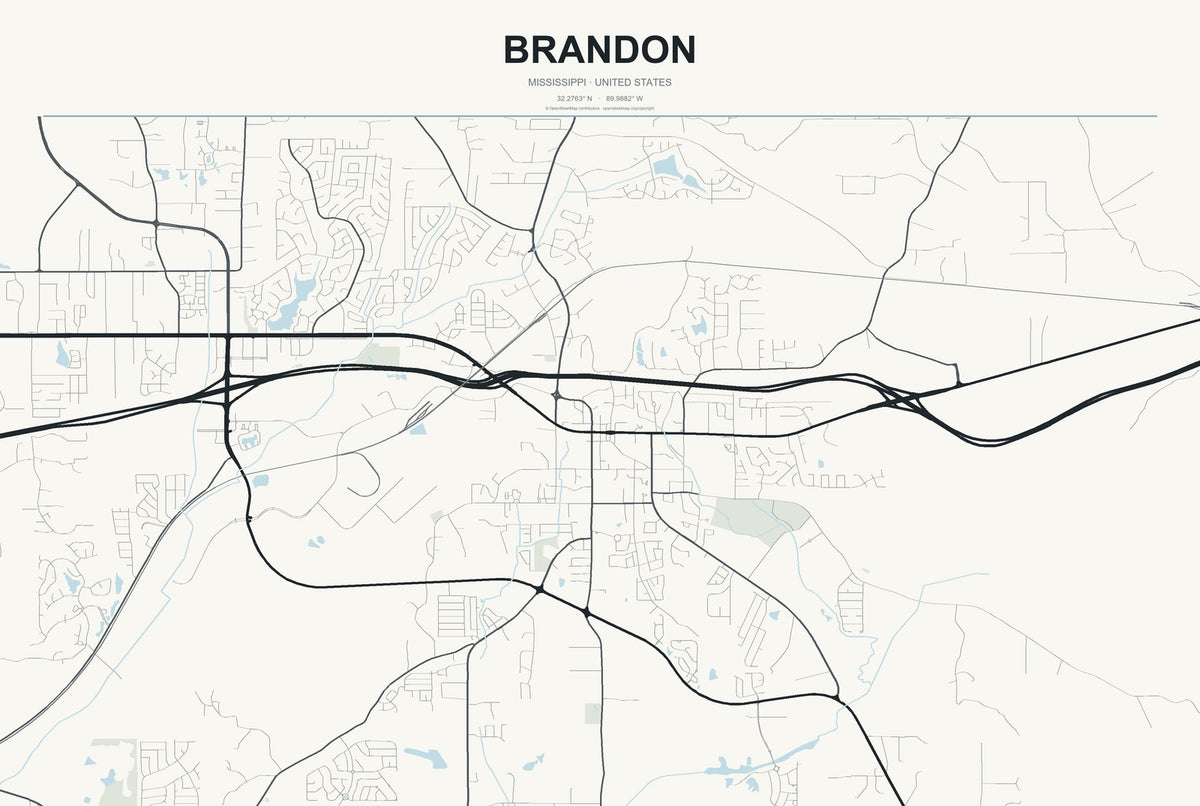 Brandon, Mississippi City Map Aluminum Sign in Headline Atlas style