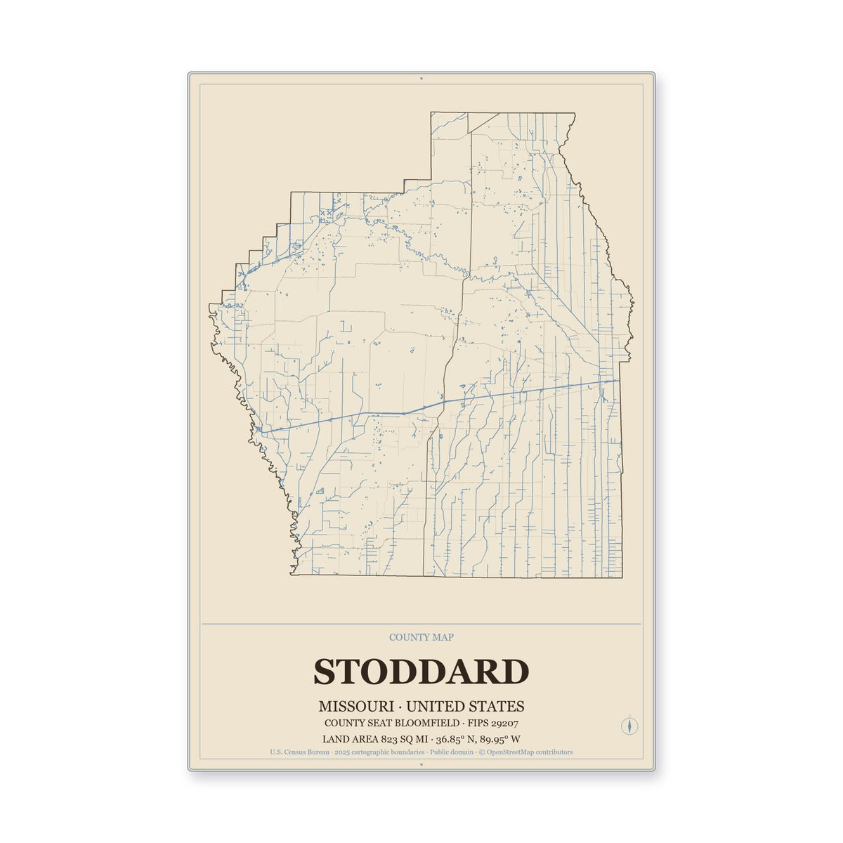 Stoddard County, Missouri Map Aluminum Sign in Heritage Nautical style