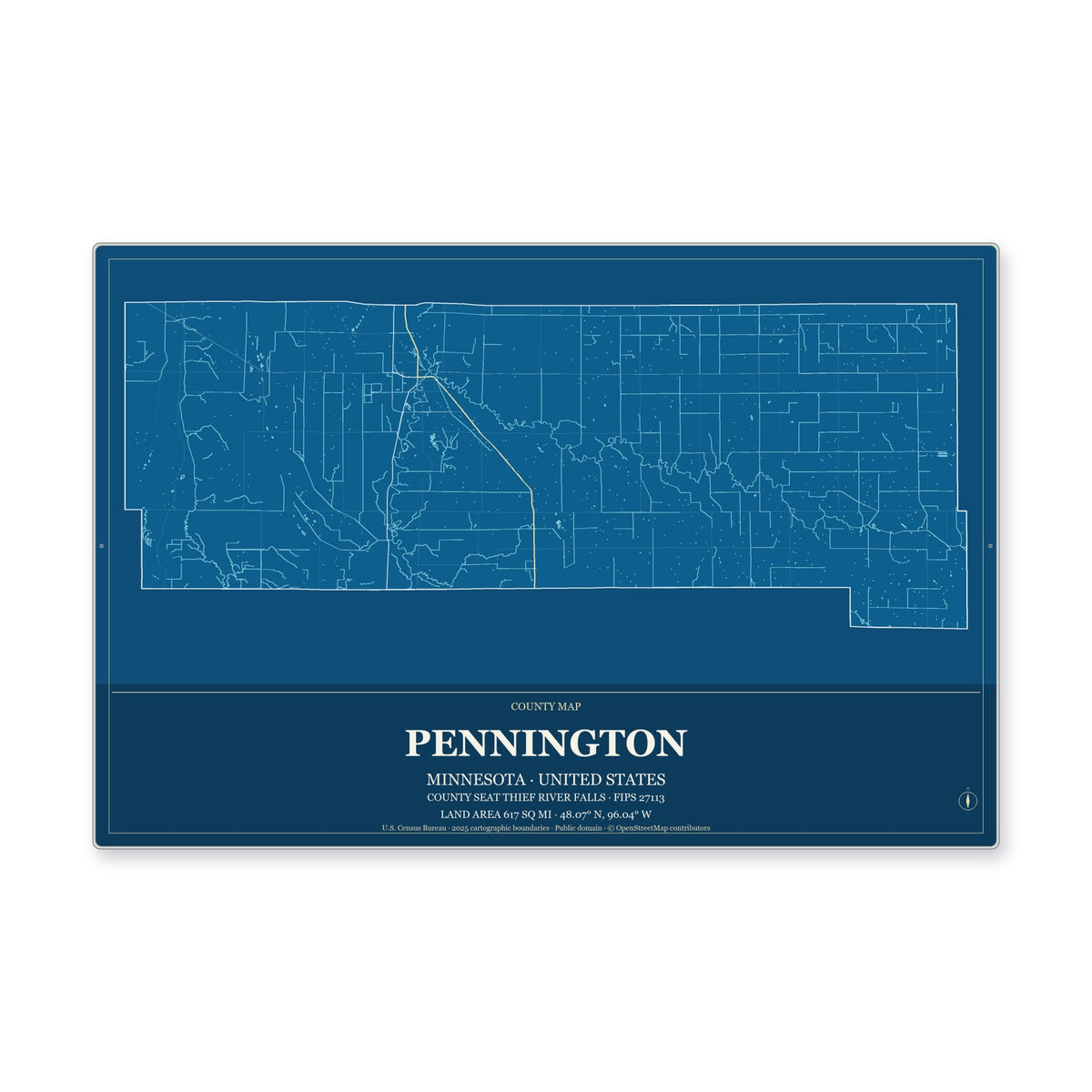 Pennington County, Minnesota Map Aluminum Sign in Harbor Cobalt style