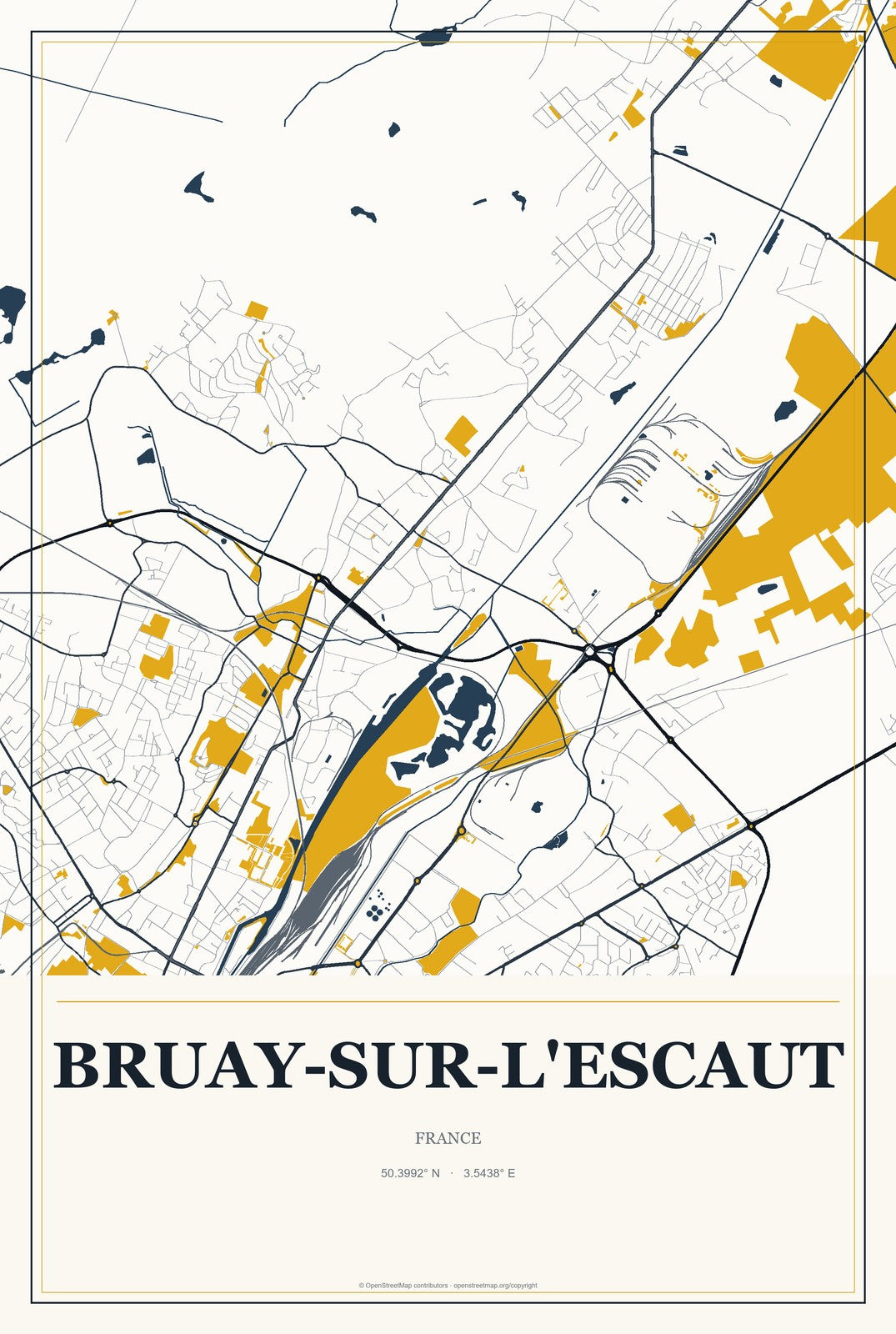 Bruay-sur-l'Escaut, France City Map Aluminum Sign in Citrine Modern style