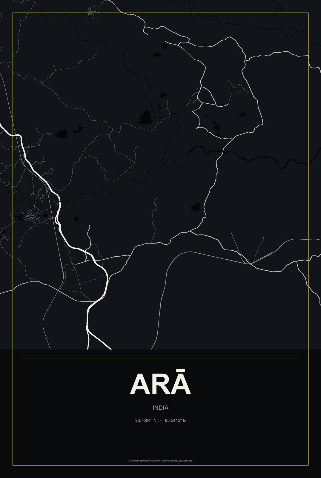 Arā, India City Map Aluminum Sign in Metropolitan Noir style