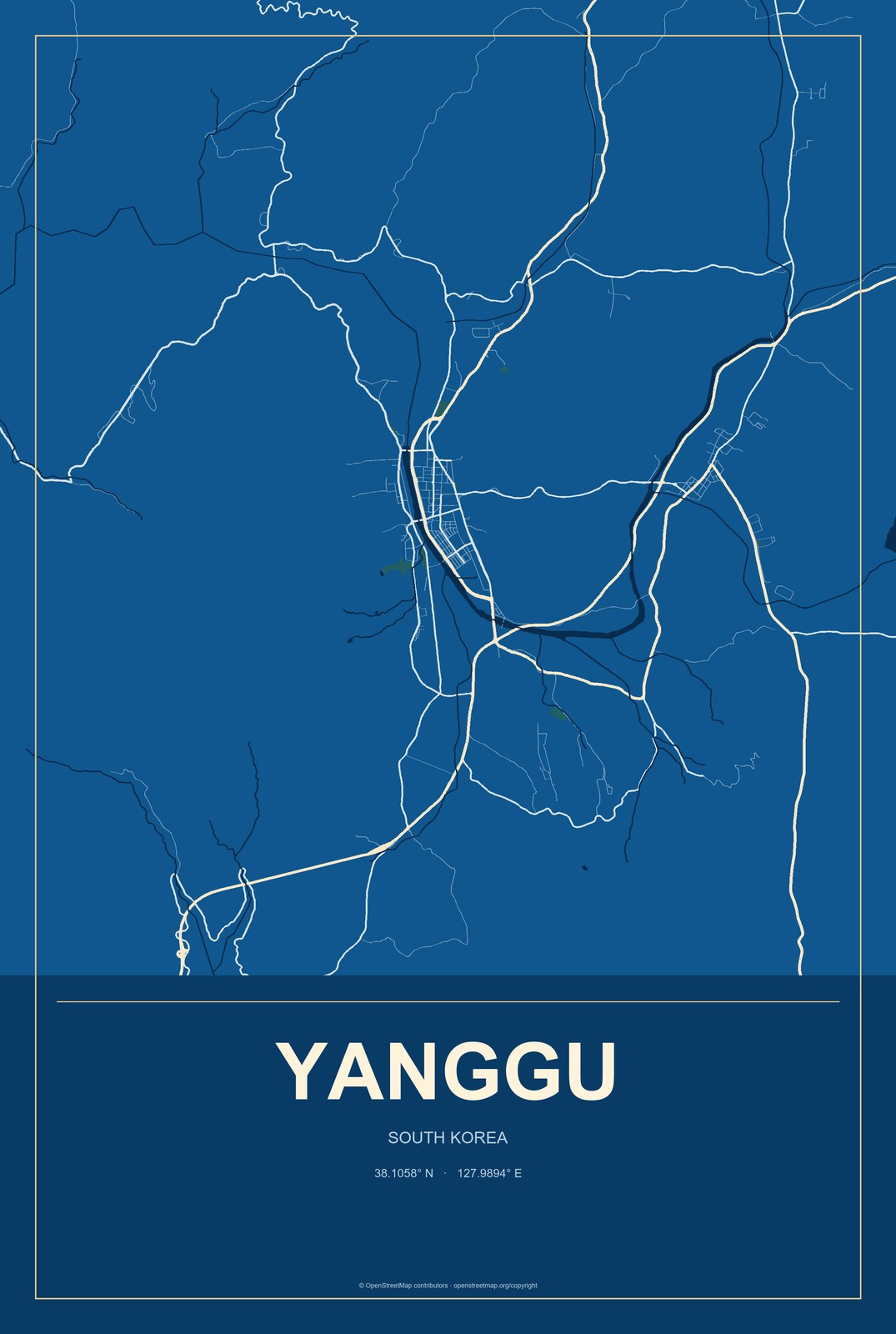 Yanggu, South Korea City Map Aluminum Sign in Harbor Cobalt style
