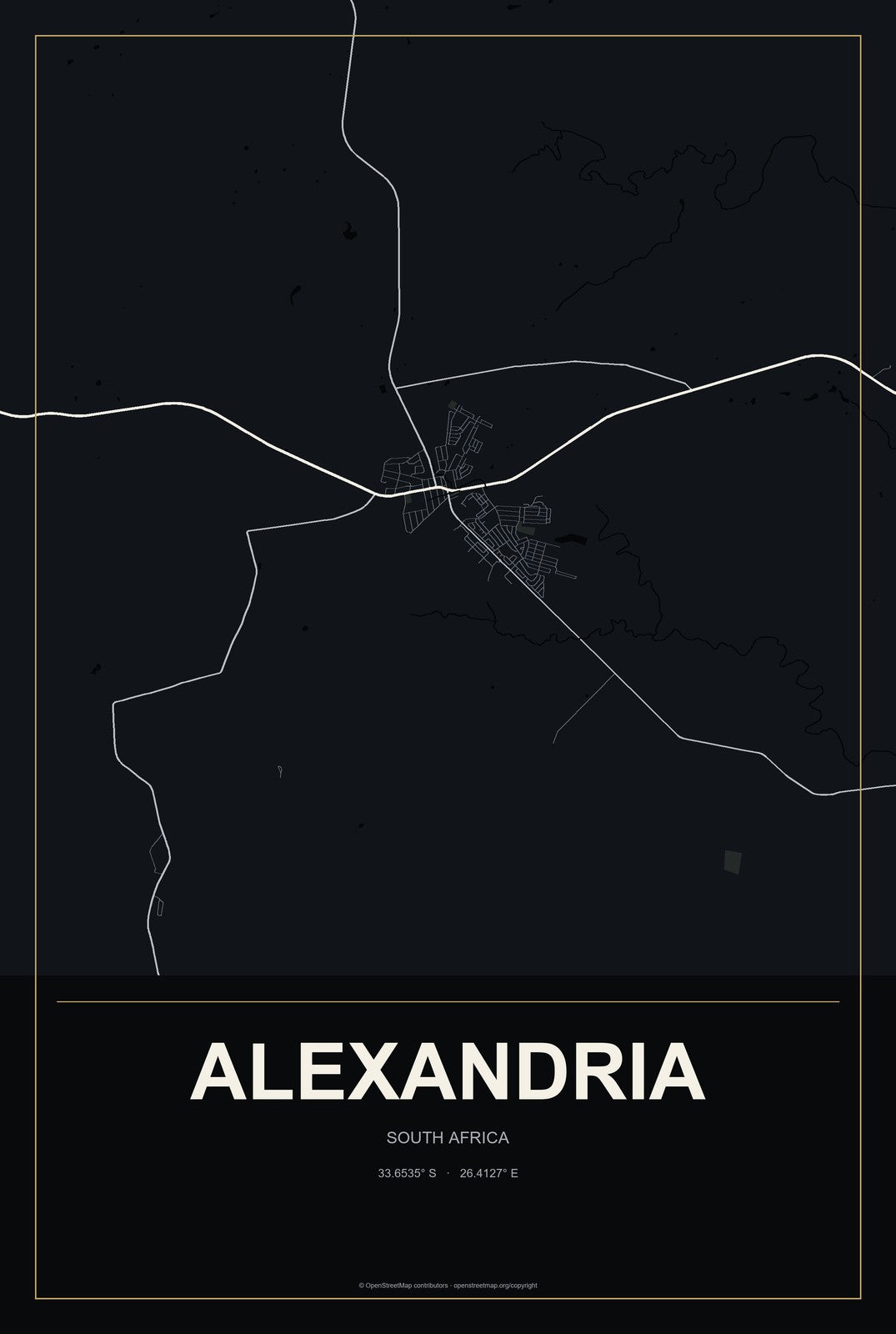 Alexandria, South Africa City Map Aluminum Sign in Metropolitan Noir style