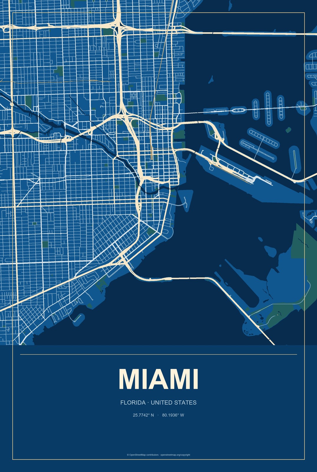 Miami, Florida City Map Aluminum Sign in Harbor Cobalt style