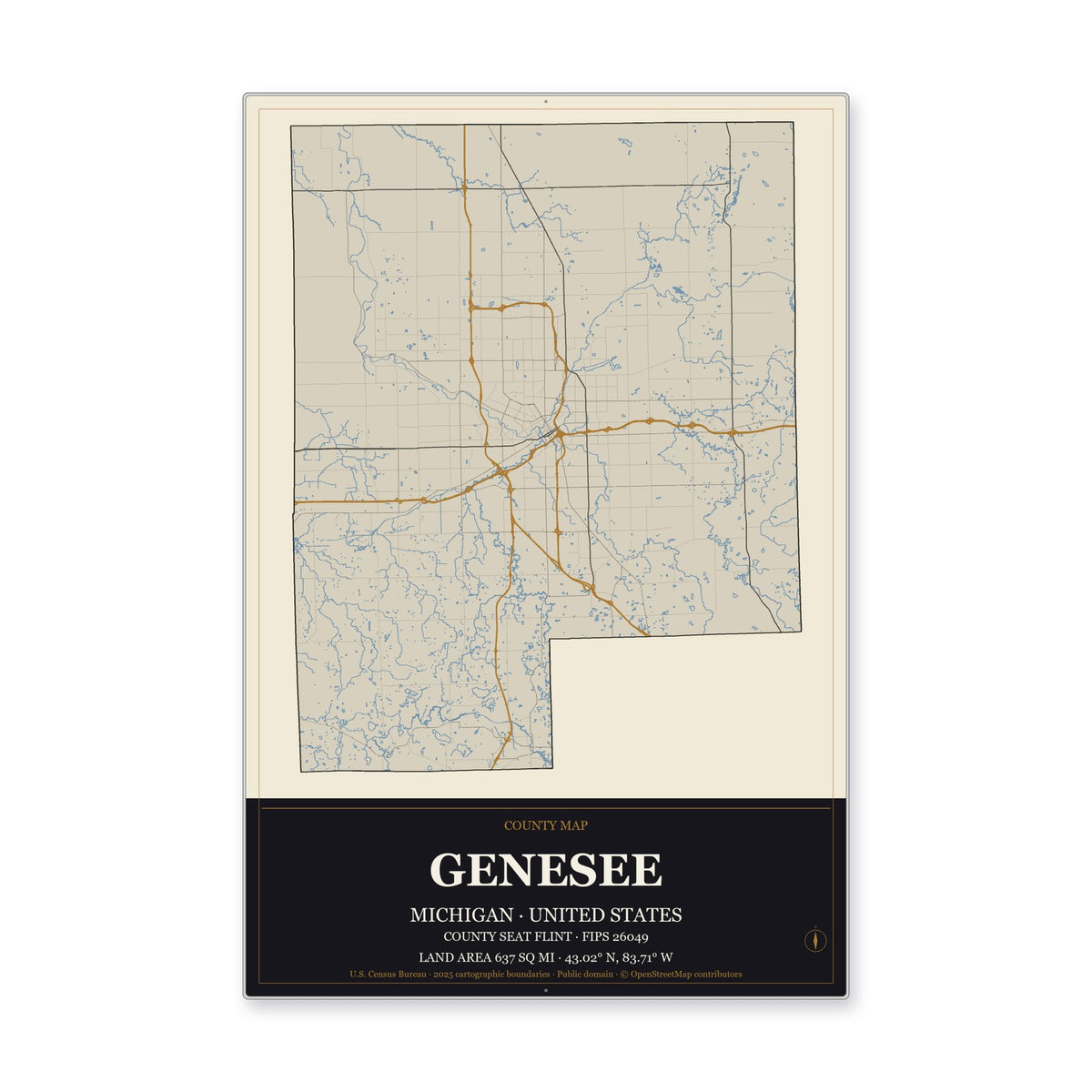 Genesee County, Michigan Map Aluminum Sign in Museum Plaque style