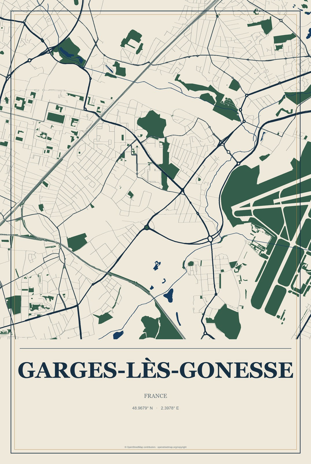 Garges-lès-Gonesse, France City Map Aluminum Sign in Coastal Cutout style