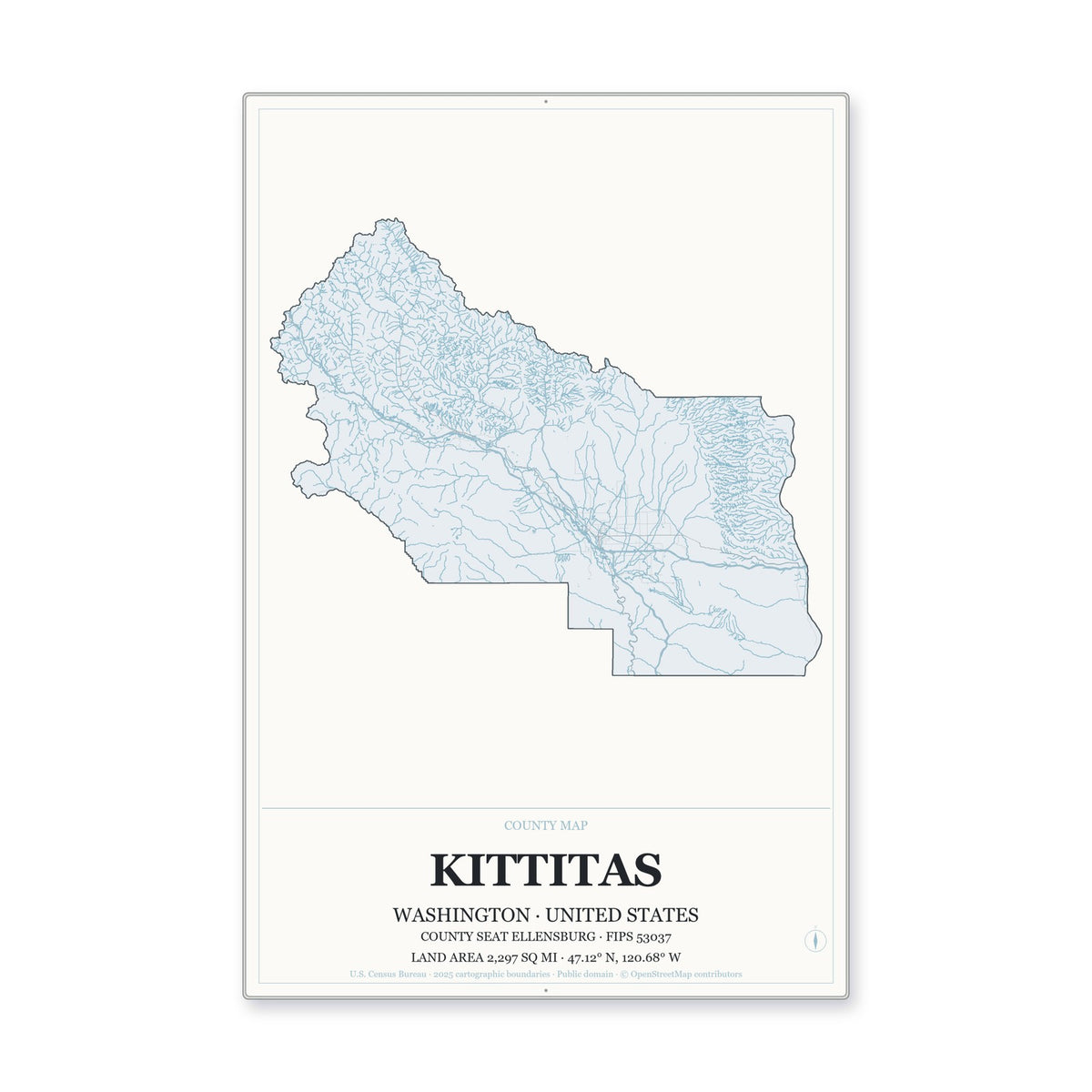 Kittitas County, Washington Map Aluminum Sign in Gallery Air style