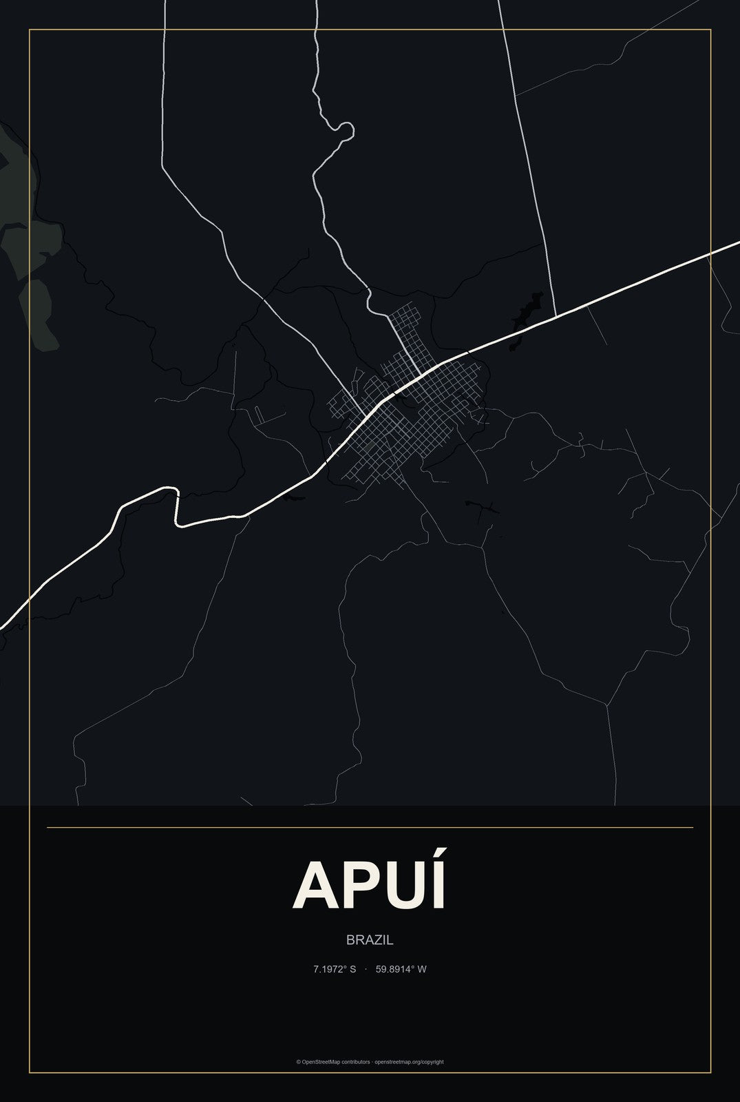 Apuí, Brazil City Map Aluminum Sign in Metropolitan Noir style