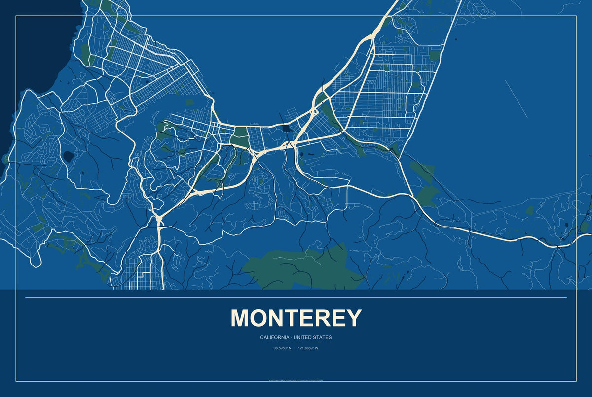 Monterey, California City Map Aluminum Sign in Harbor Cobalt style