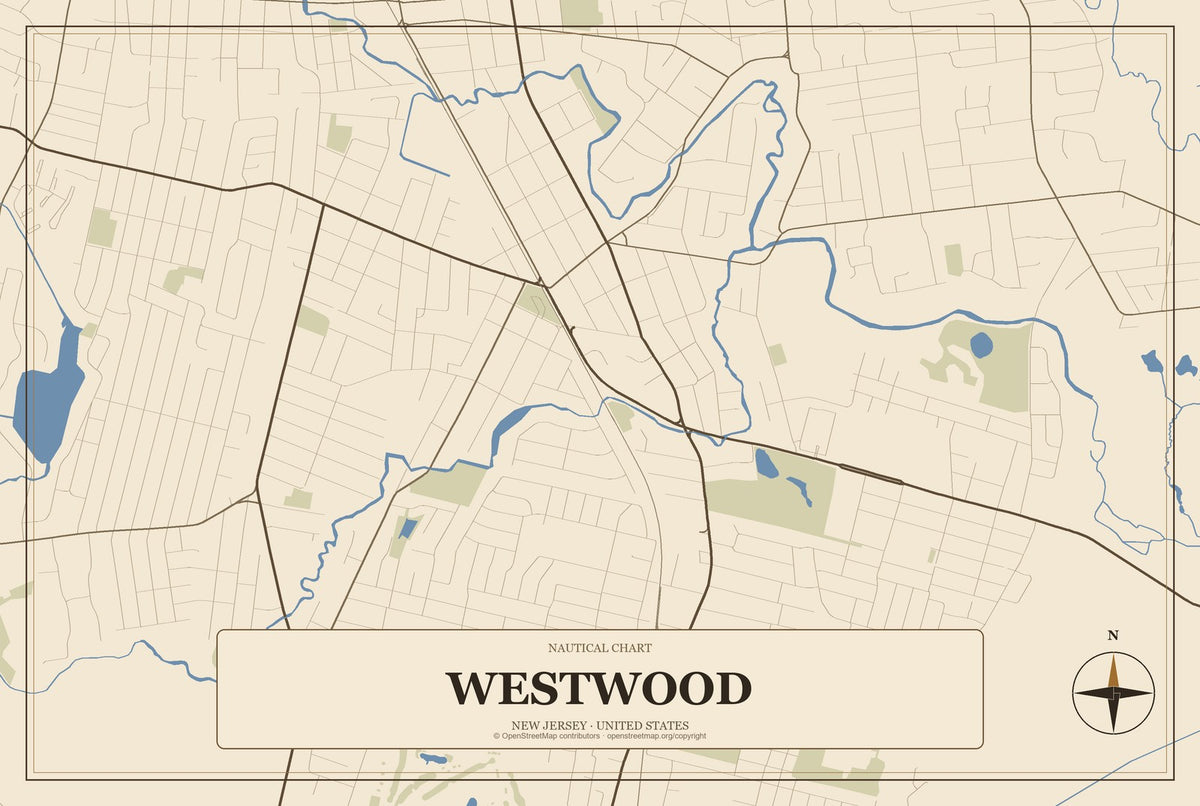 Westwood, New Jersey City Map Aluminum Sign in Heritage Nautical style