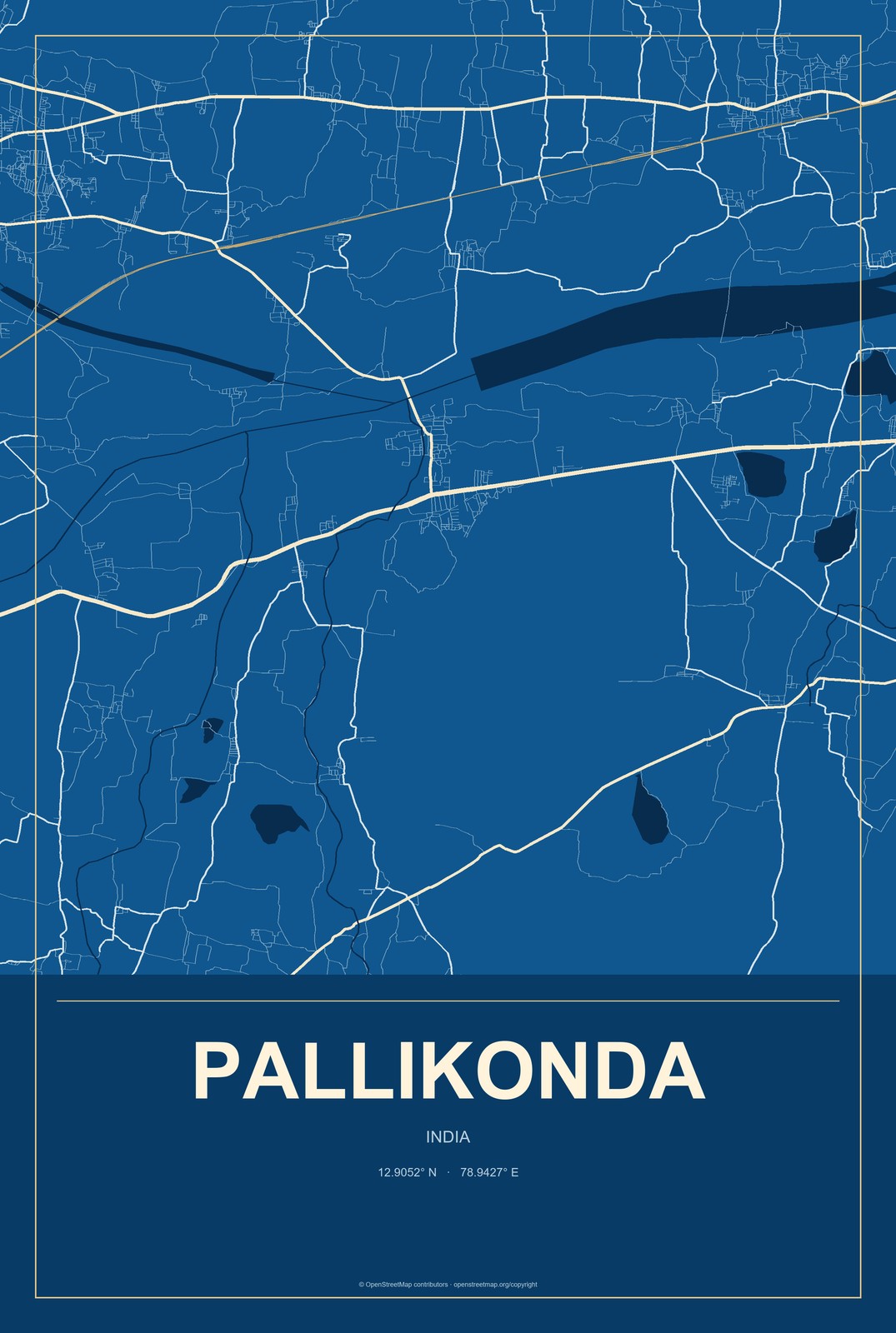 Pallikonda, India City Map Aluminum Sign in Harbor Cobalt style
