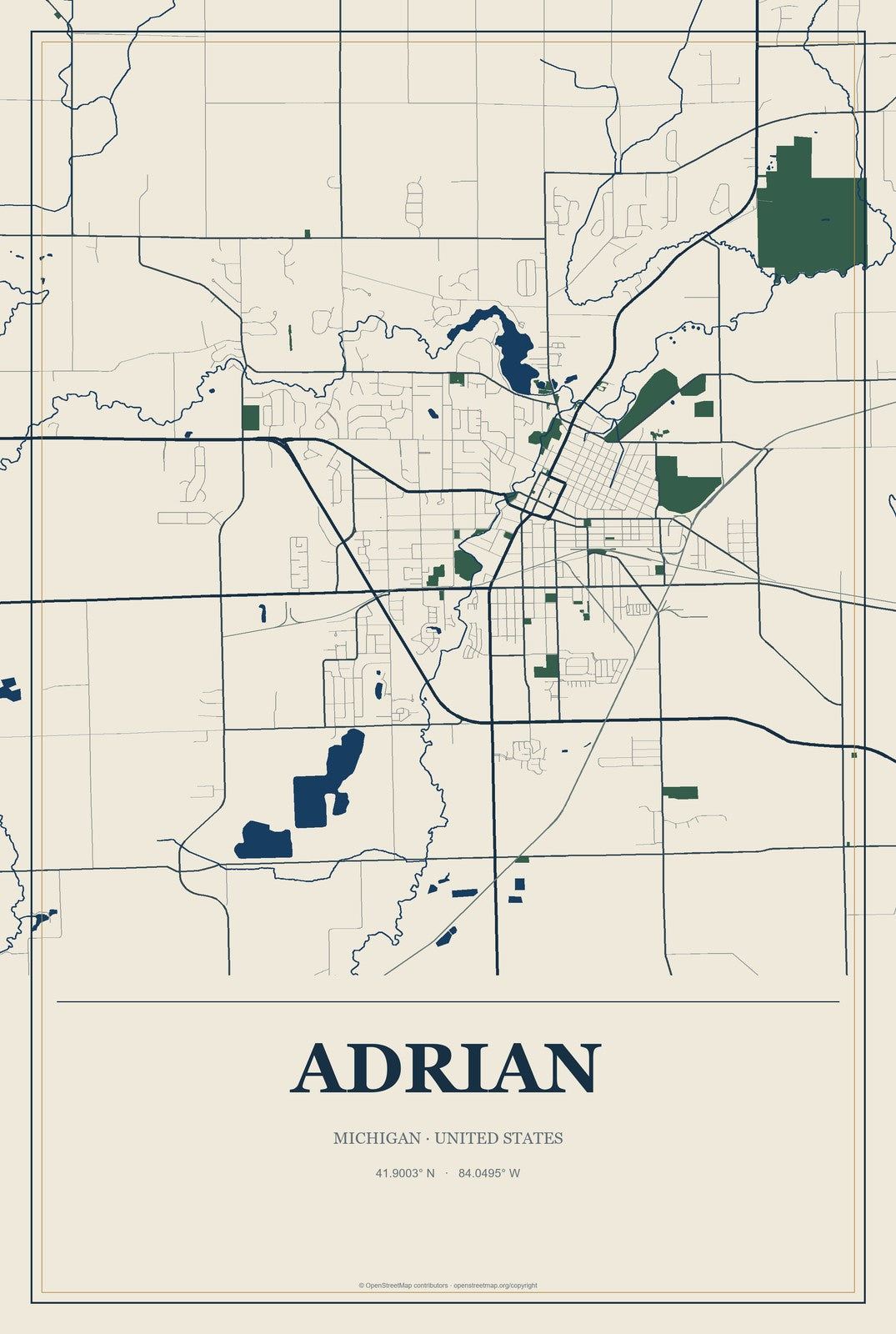 Adrian, Michigan City Map Aluminum Sign in Coastal Cutout style