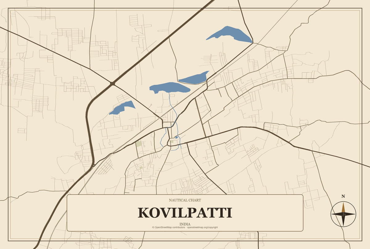 Kovilpatti, India City Map Aluminum Sign in Heritage Nautical style