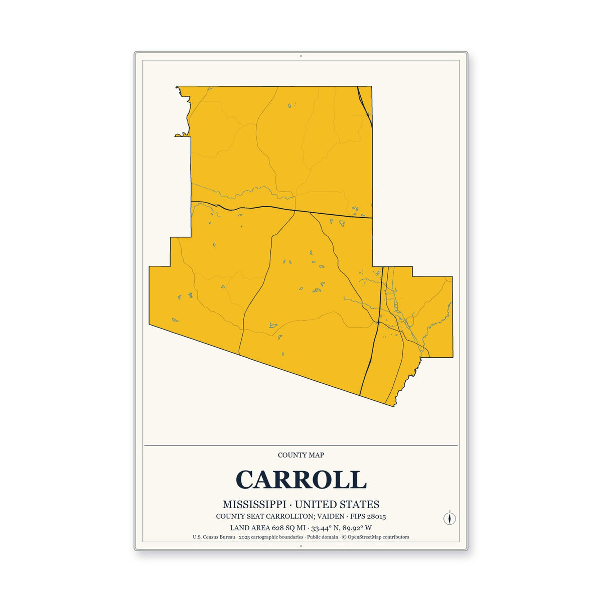 Carroll County, Mississippi Map Aluminum Sign in Citrine Modern style
