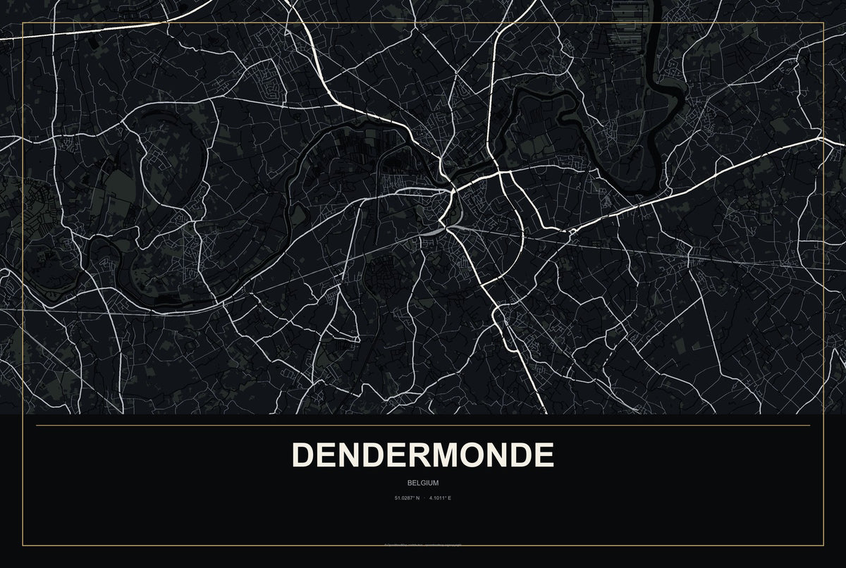Dendermonde, Belgium City Map Aluminum Sign in Metropolitan Noir style
