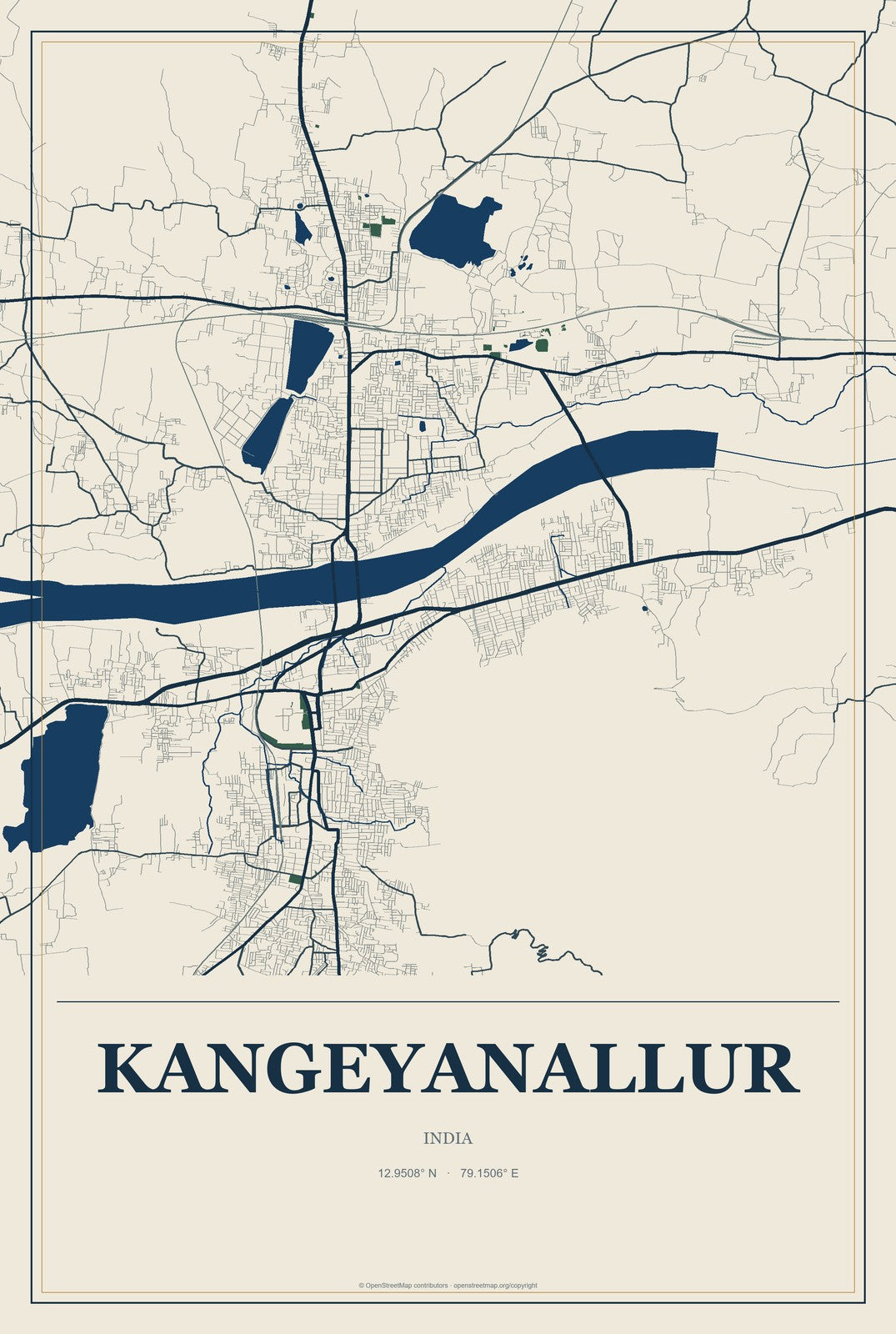 Kangeyanallur, India City Map Aluminum Sign in Coastal Cutout style
