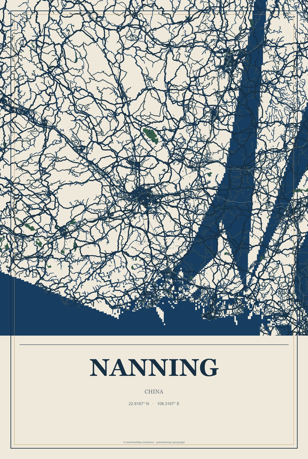 Nanning, China City Map Aluminum Sign in Coastal Cutout style