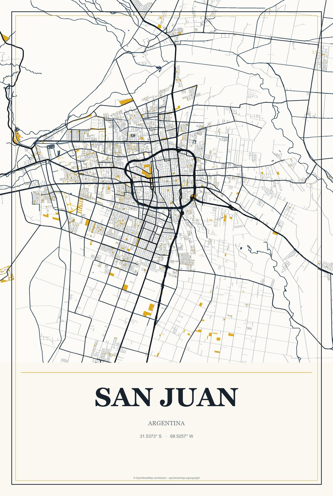 San Juan, Argentina City Map Aluminum Sign in Citrine Modern style